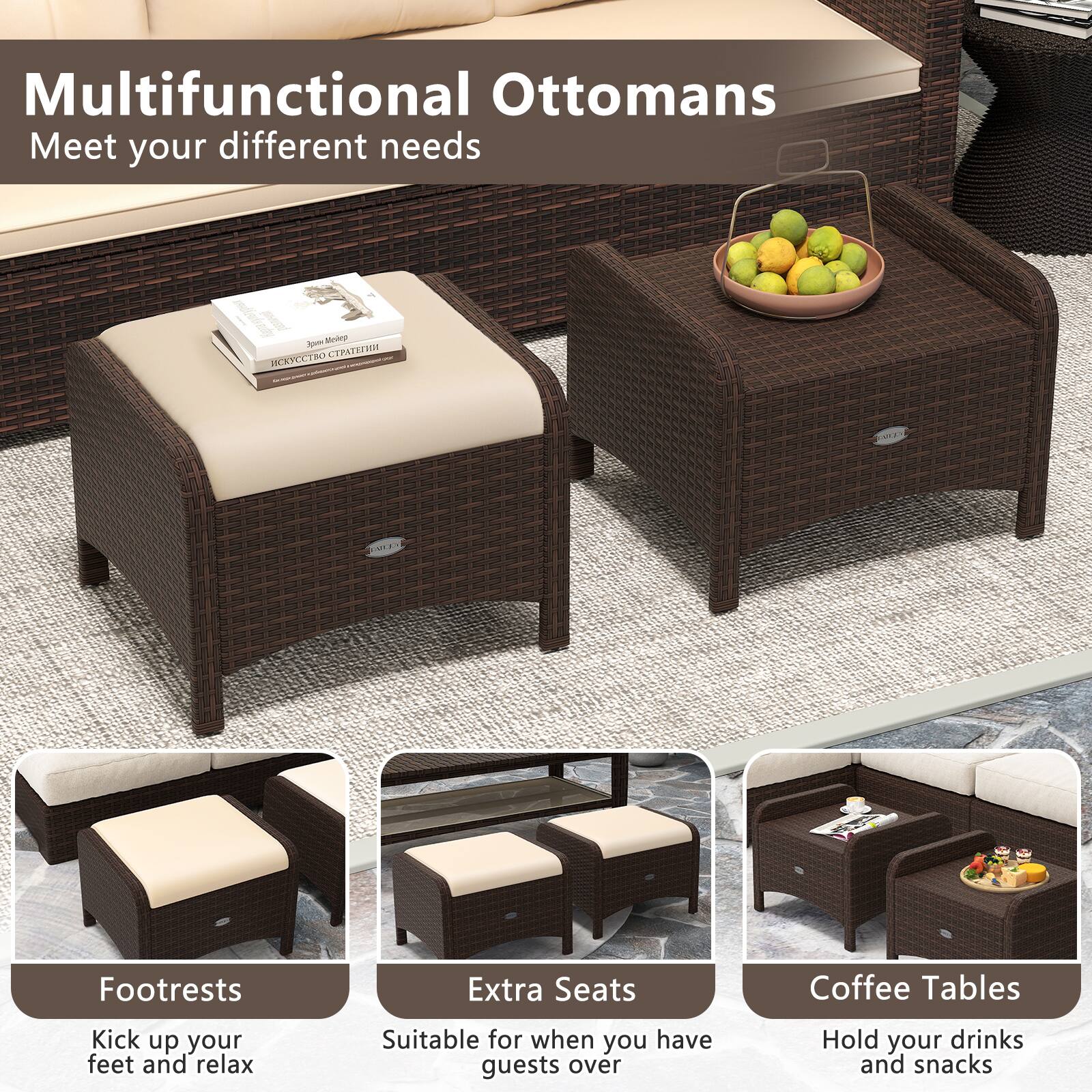 Multifunctional Ottomans Meet your different needs. Footrests, extra seats, coffee tables, kick up your feet and relax, suitable for when you have guests over, hold your drinks and snacks.