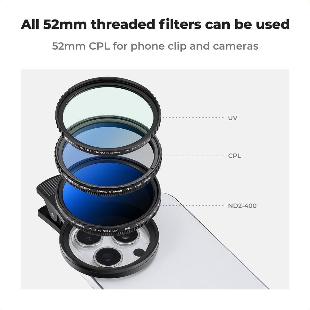 All 52mm threaded filters can be used
52mm CPL for phone clip and cameras
- UV
- CPL
- ND2-400