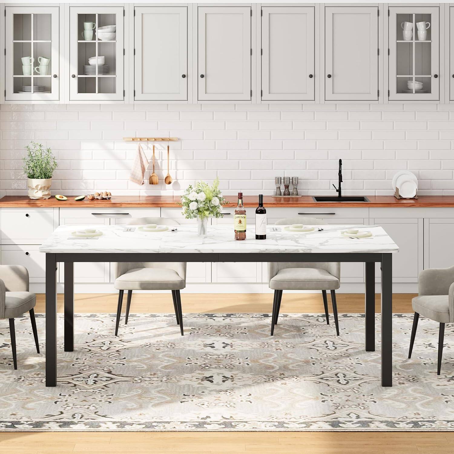 Alt View 4. Jojoka - Kitchen Table Dining Table for 6 People Farmhouse Wood Kitchen Table Rectangle Furniture - Multiple colors/finishes.