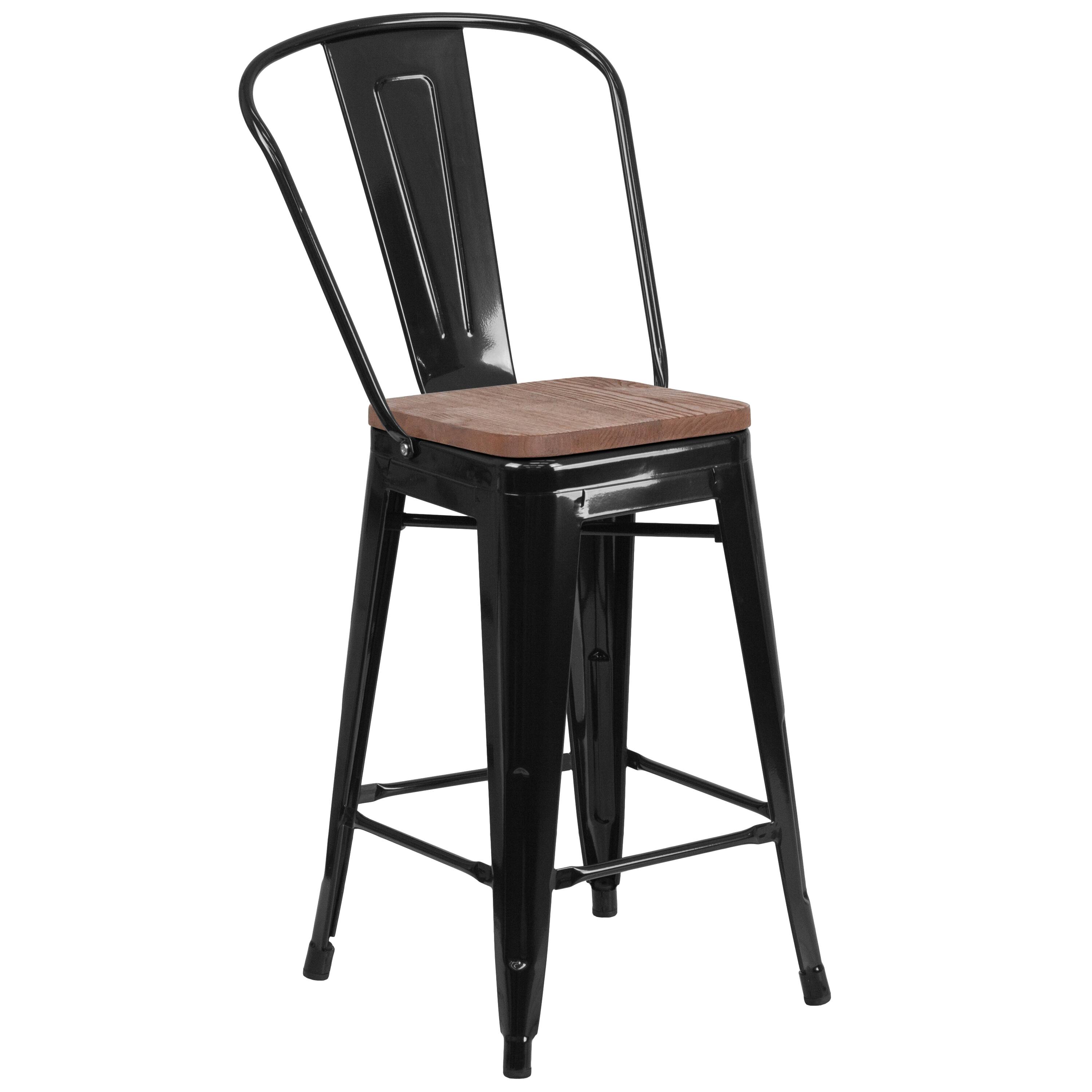 Alt View 1. Emma + Oliver - 24"H Metal Counter Height Stool with Back and Square Wood Seat - Black.