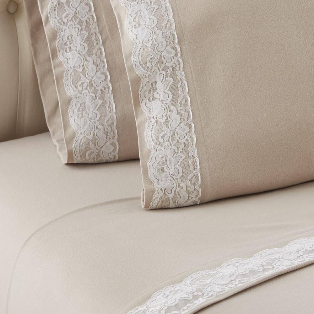 Alt View 1. Shavel Home Products - Shavel Micro Flannel Quality Lace-Edged Sheet Set - Full Flat/Fitted Sheet 86x100/75x54x16" 2-Pillowcase 21x32" - Taupe. - Taupe.