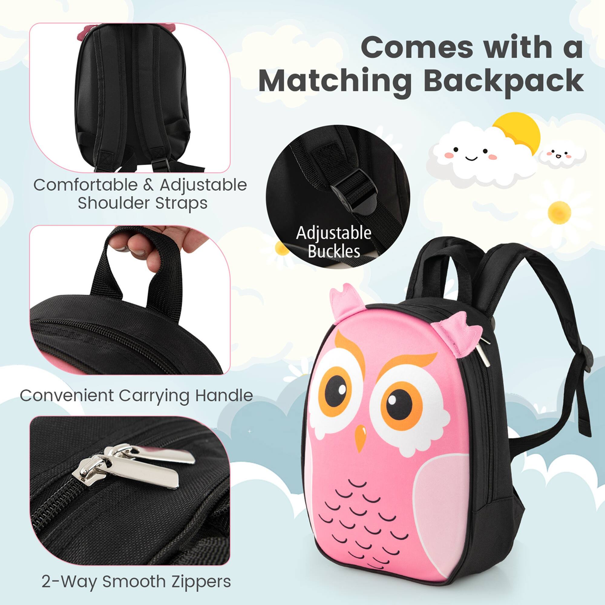 Comes with a matching backpack. The backpack features comfortable and adjustable shoulder straps, adjustable buckles, and a convenient carrying handle. Additionally, it has 2-way smooth zippers.