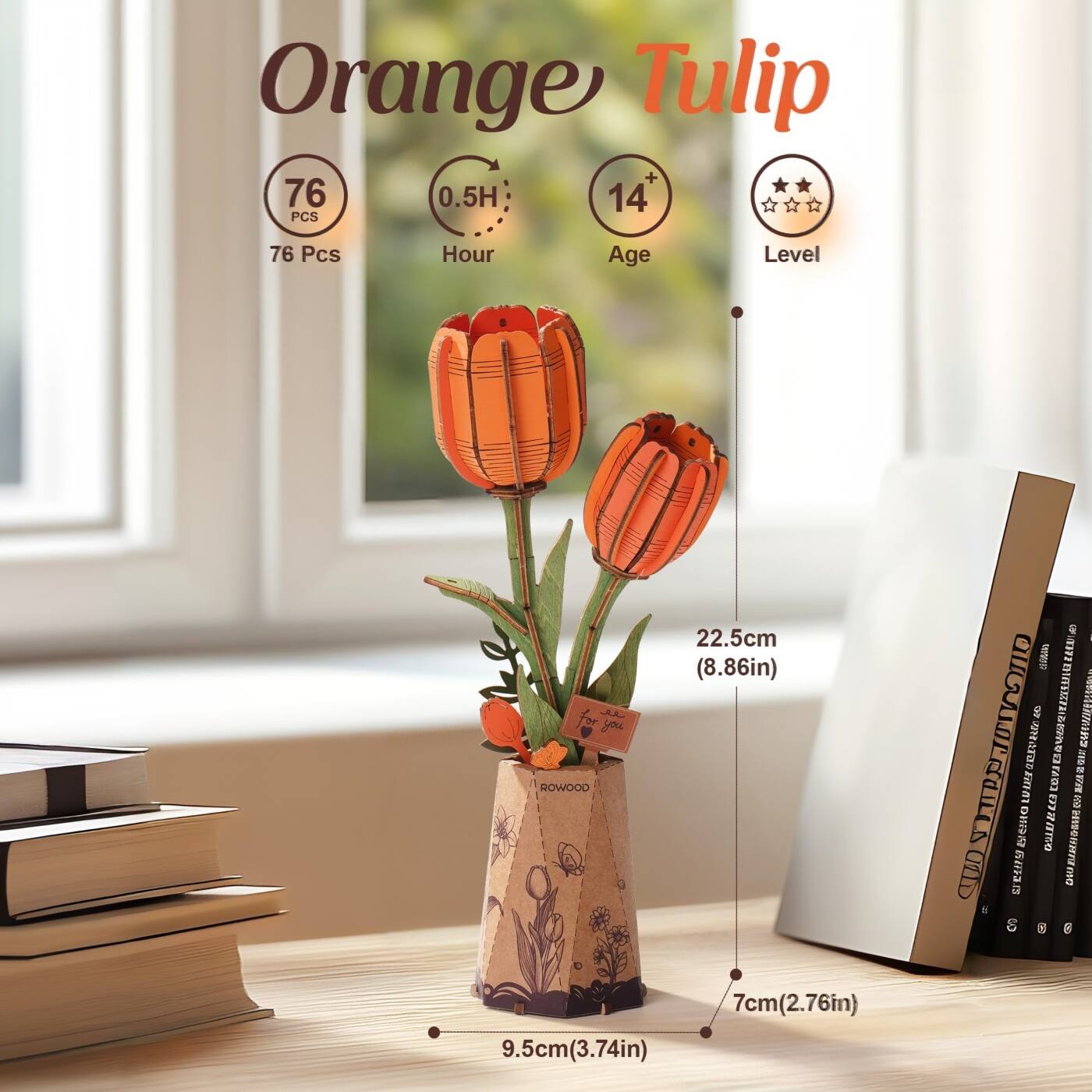 Orange Tulip

- 76 Pcs
- 0.5H Hour
- 14+ Age
- Level: 3 stars

Dimensions:
- 22.5cm (8.86in)
- 9.5cm (3.74in)
- 7cm (2.76in)

ROWOOD