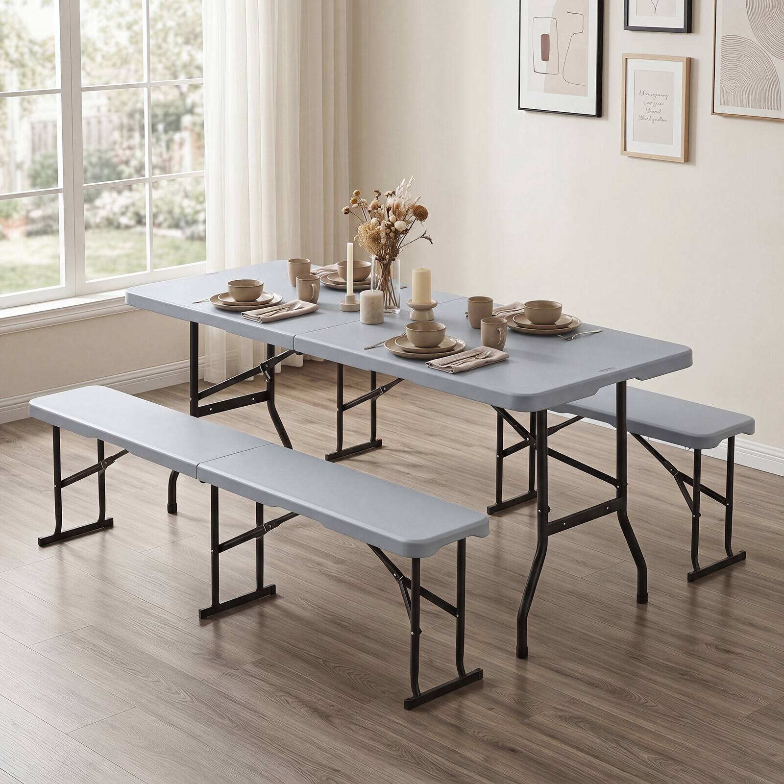 Alt View 4. Costway - Costway 6 FT Plastic Folding Bench, Portable Indoor Outdoor Bench with Carrying Handle - Light Gray.
