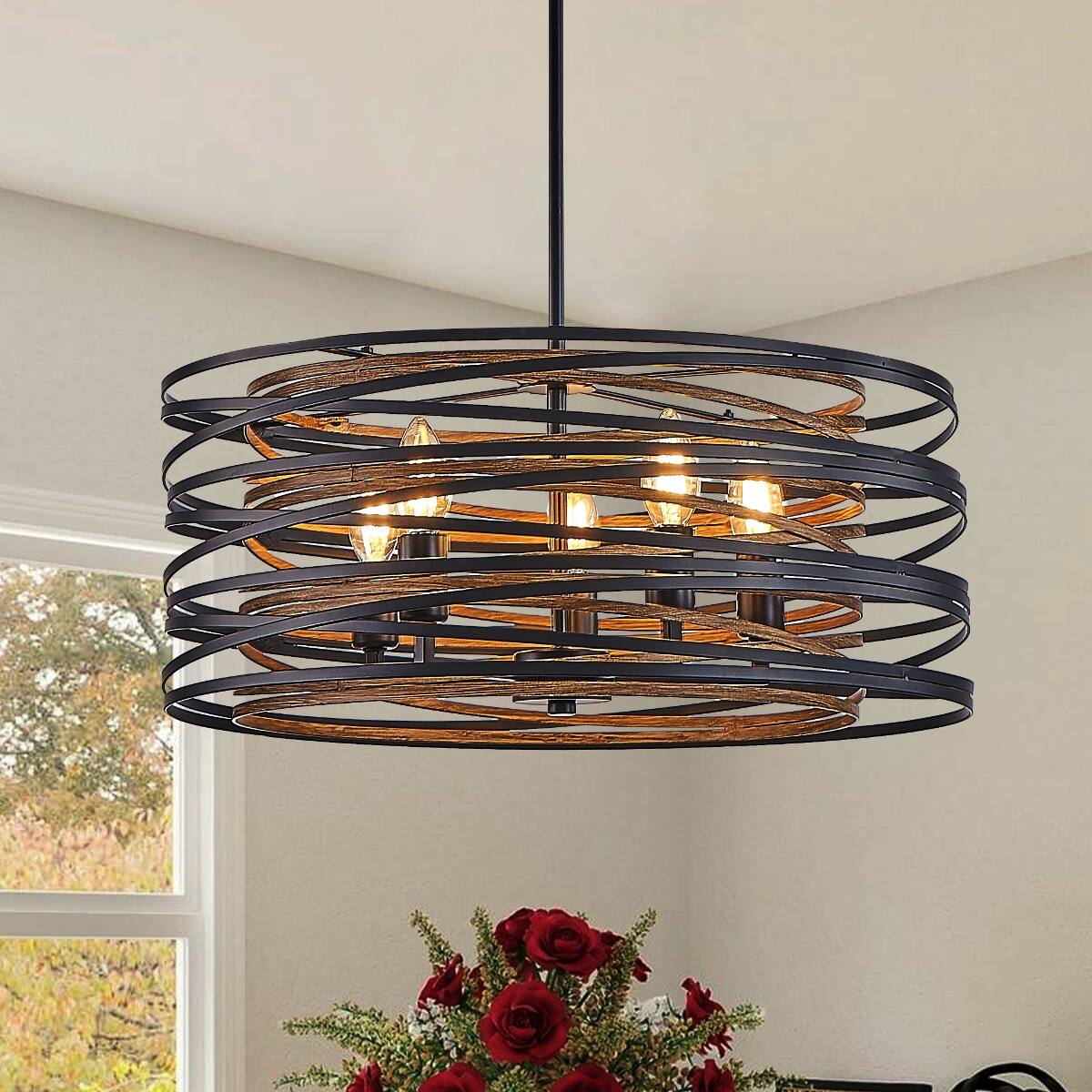Alt View 1. Loheer - Loheer 20 Inch 5 Light Metal Cage Chandelier, Black and Walnut Wood Accents.