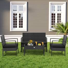 Gymax - 4PCS Rattan Patio Conversation Set Outdoor Wicker Furniture Set w/ Cushions - Black