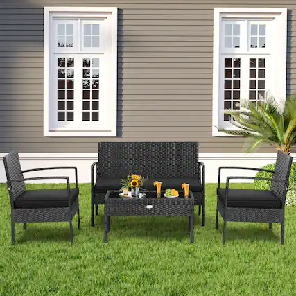 Front. Gymax - Gymax 4PCS Rattan Patio Conversation Set Outdoor Wicker Furniture Set w/ Cushions - Black.