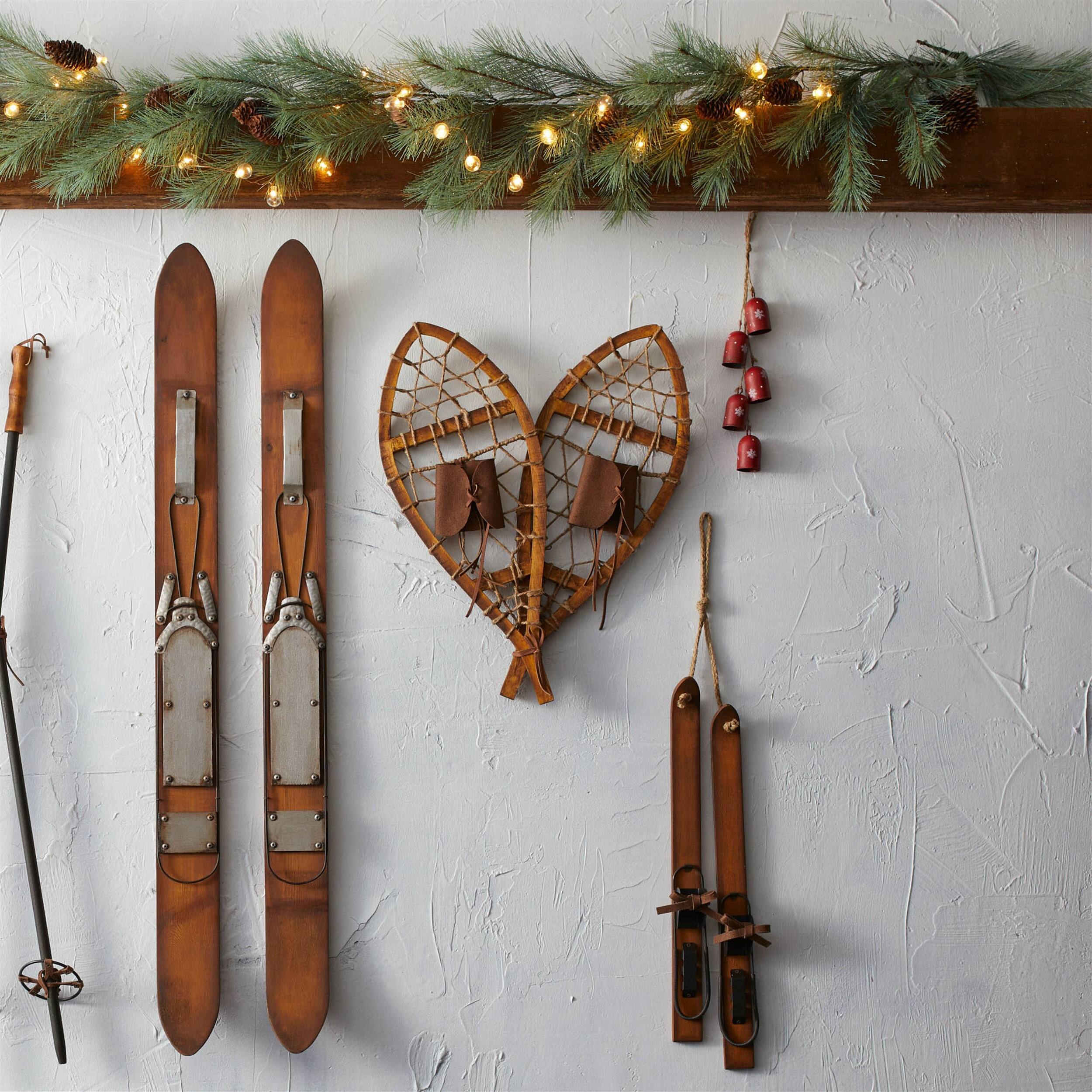 Angle. BreeBe - Vintage Wood Hanging Snow Shoe Decor (Set of 4) - Brown, Tan.