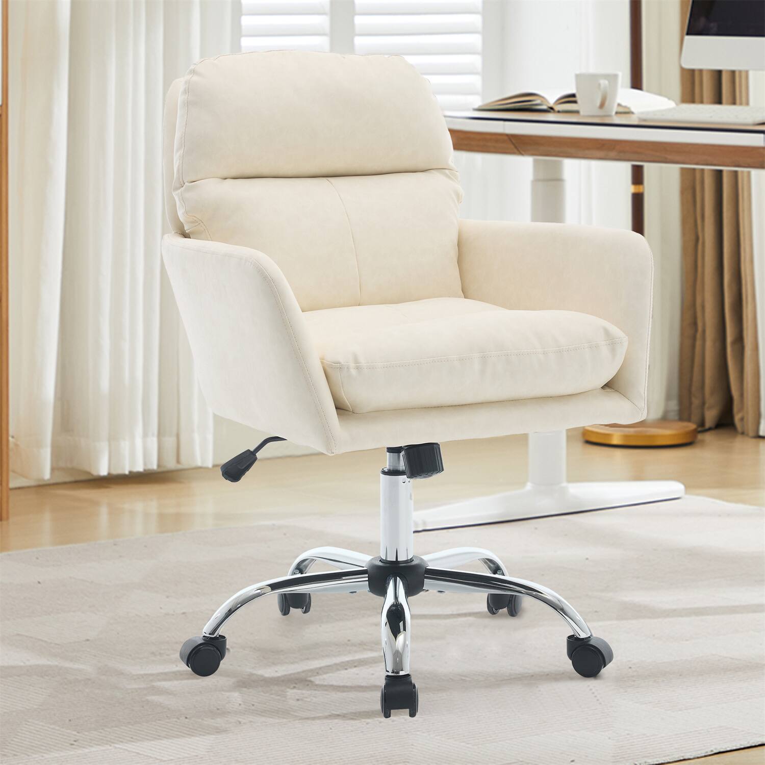 Back. Forest'nSky - White Artificial Leather Office Chair, Height-Adjustable with Black Base for Home & Office - White.