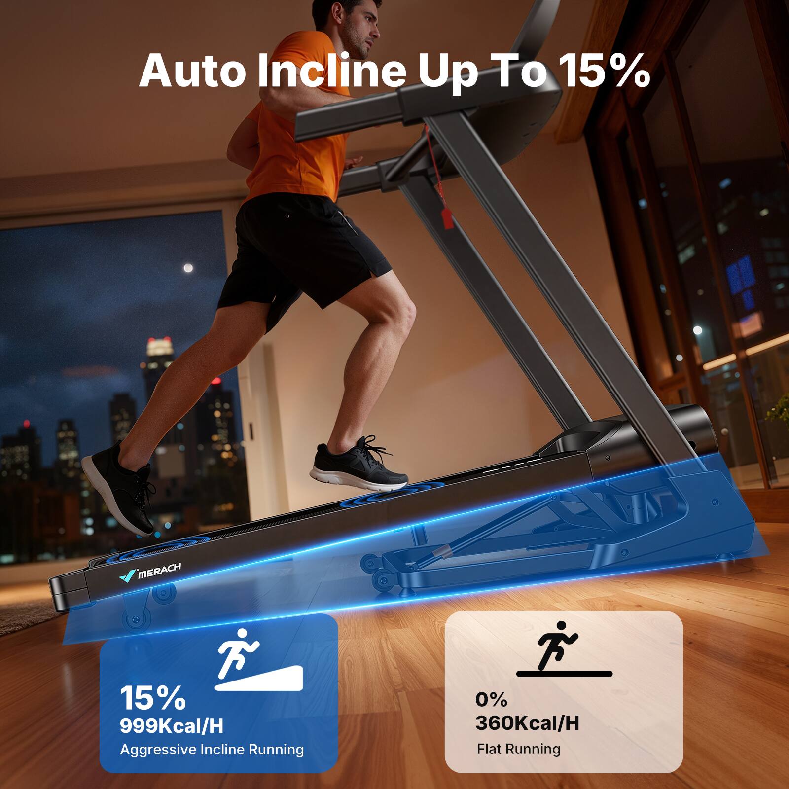 Auto Incline Up To 15%  
MERACH  
15% 999Kcal/H Aggressive Incline Running  
0% 360Kcal/H Flat Running
