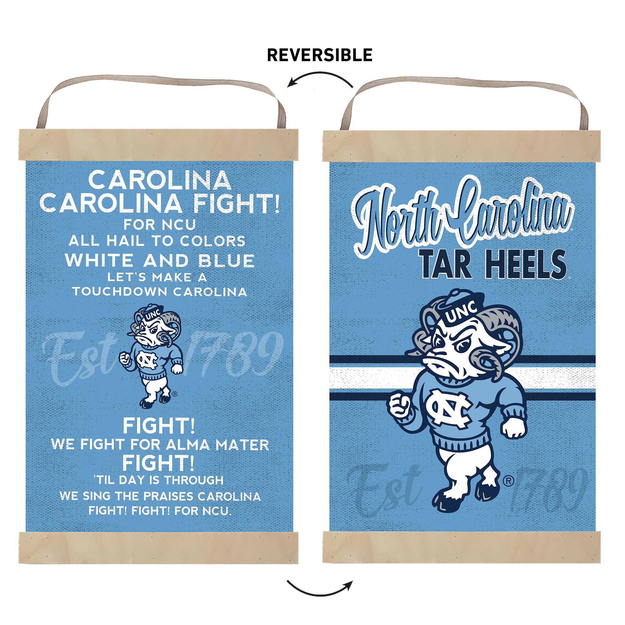 CAROLINA CAROLINA FIGHT!  
FOR NCU  
ALL HAIL TO COLORS  
WHITE AND BLUE  
LET'S MAKE A TOUCHDOWN CAROLINA  

FIGHT!  
WE FIGHT FOR ALMA MATER  
FIGHT!  
'TIL DAY IS THROUGH  
WE SING THE PRAISES CAROLINA  
FIGHT! FIGHT! FOR NCU.  

Est 1789  

North Carolina TAR HEELS  

Est 1789