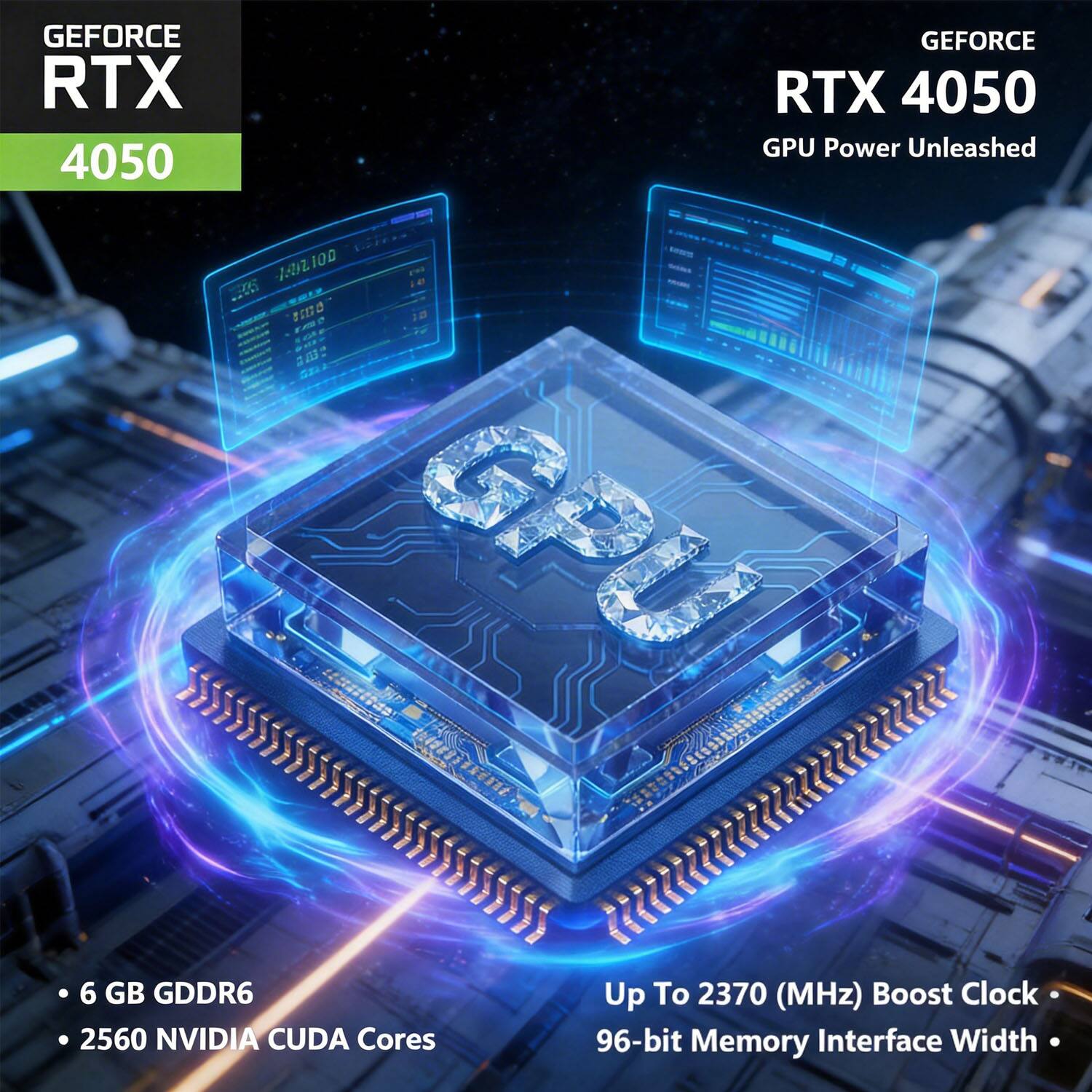 GEFORCE RTX 4050  
GEFORCE RTX 4050 GPU Power Unleashed  
6 GB GDDR6  
2560 NVIDIA CUDA Cores  
Up To 2370 (MHz) Boost Clock  
96-bit Memory Interface Width