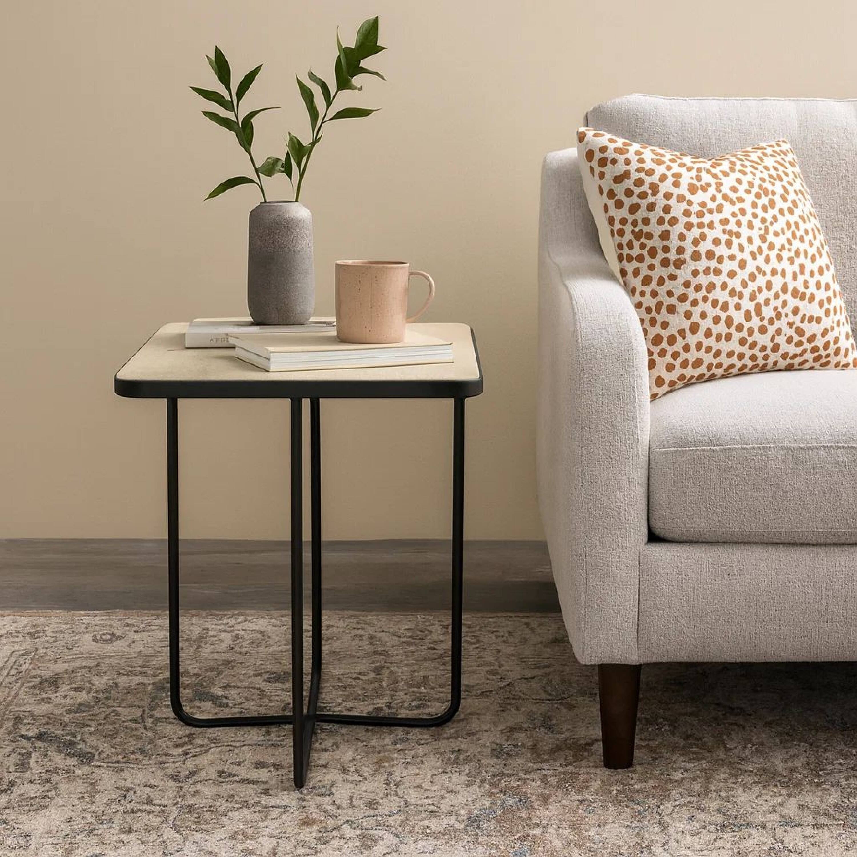 Alt View 3. Manhattan Lane - 24 Inch Square Accent Side End Table, Iron, Travertine Marble Top - Natural, Black.