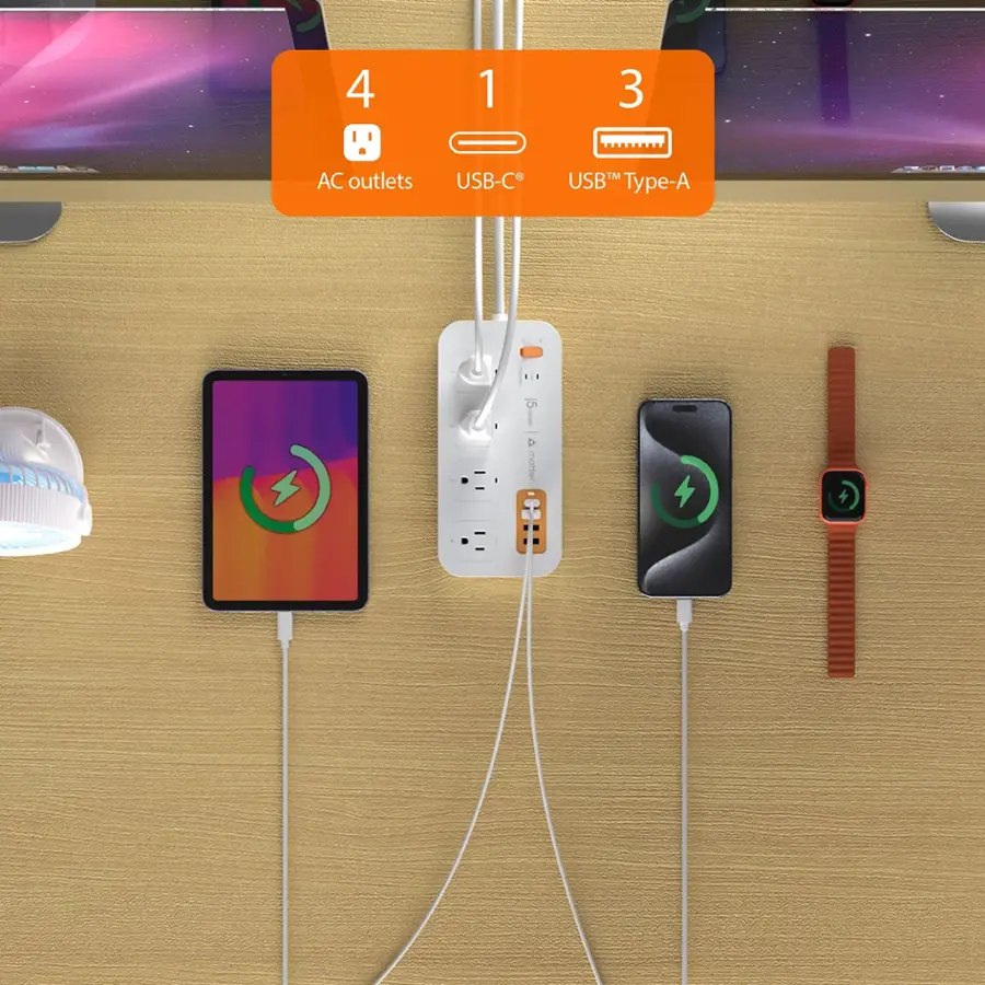 The text on the image reads: "4 1 3 AC outlets USB-C TM USB Type-A C 5 V I A". This text is grouped into three parts:

1. "4 1 3" - This part indicates the number of AC outlets available.
2. "AC outlets USB-C TM USB Type-A C 5 V I A" - This part describes the USB ports available, including USB-C, USB Type-A, and USB Type-C.
3. "I A" - This part is unclear and does not seem to be related to the other parts of the text.