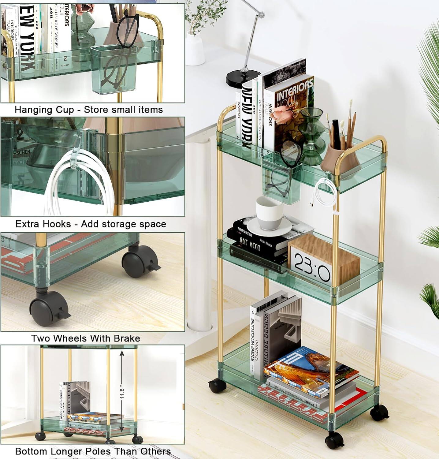 Hanging Cup - Store small items
Extra Hooks - Add storage space
Two Wheels With Brake
Bottom Longer Poles Than Others