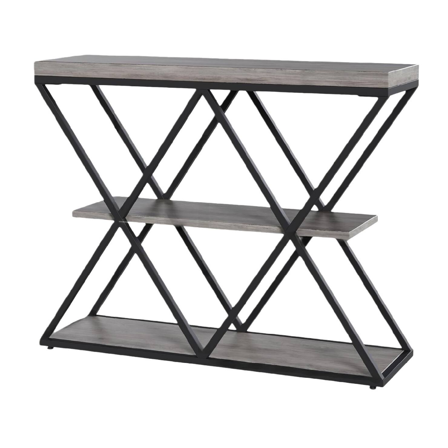 Angle. Qeetex - 3-Tier Entryway Table, Industrial Console Sofa Table with Storage, Accent Table with Open Shelves - Grey.