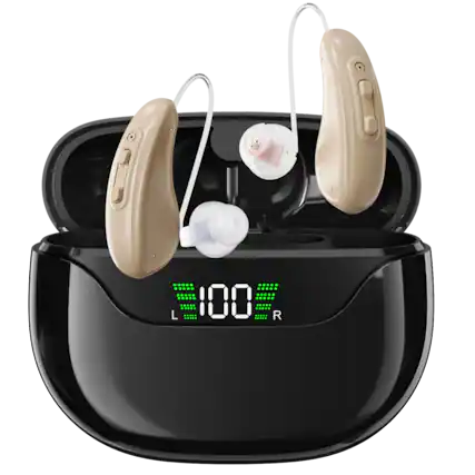 Front. Eara - Eara Connect RIC Rechargeable OTC Hearing Aids, 12-Hour Battery - Beige.