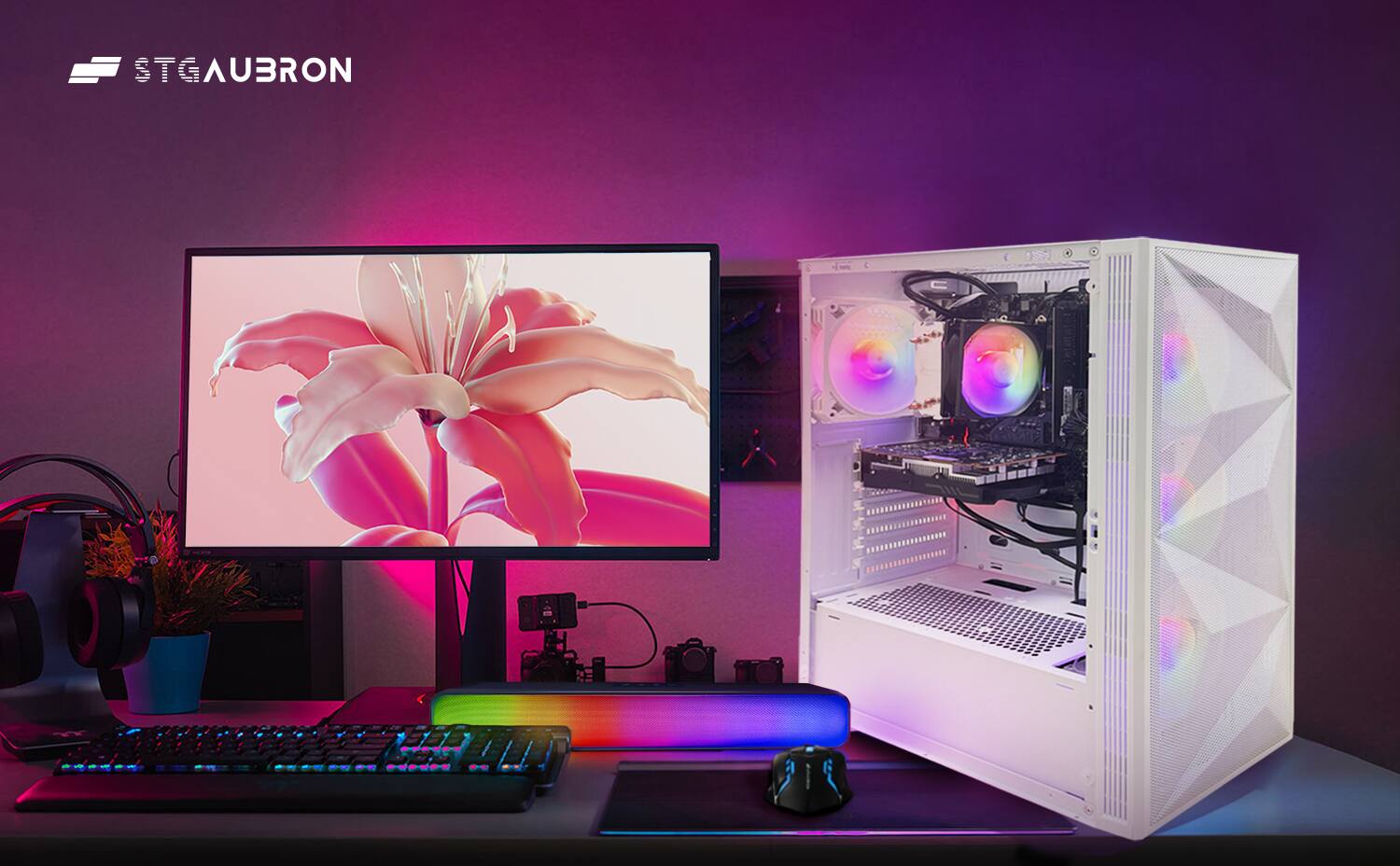 Alt View 1. STGAubron - STGAubron Gaming Desktop PC, AMD Ryzen 5 5600GT up to 4.6Ghz, Radeon RX 6500 4G Graphics, 16G DDR4 RAM, 1TB SSD, WIN11H - White.
