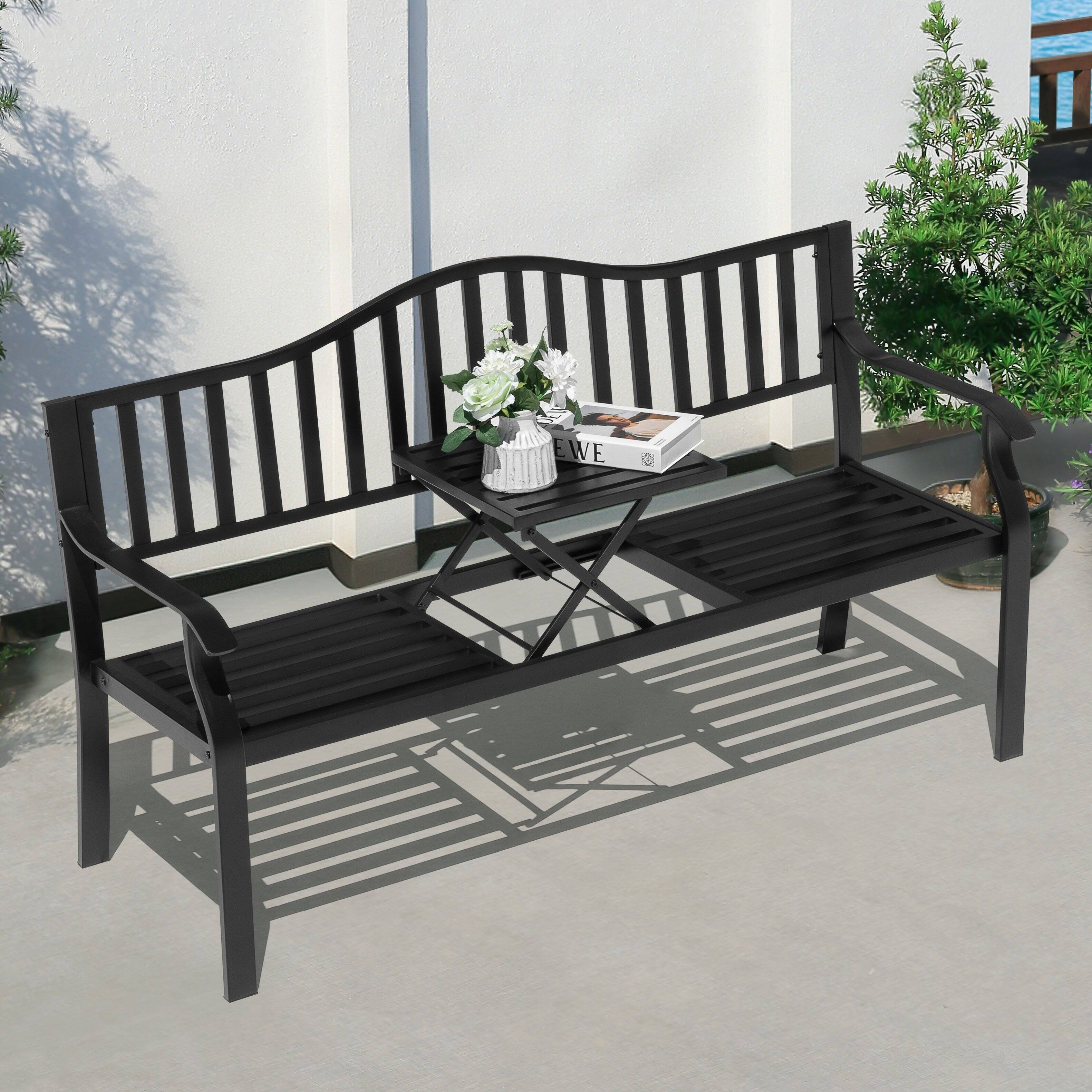 Left. Nuu Garden - E-Coated Metal Frame Outdoor Bench with Backrest and a Built-In Small Table - Black.