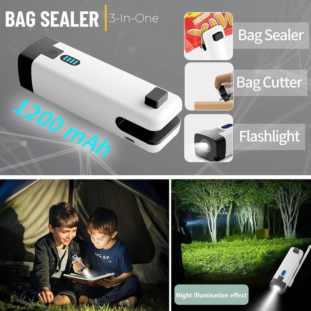 BAG SEALER  
3-In-One  

1200 mAh  

Bag Sealer  
Bag Cutter  
Flashlight  

Night illumination effect