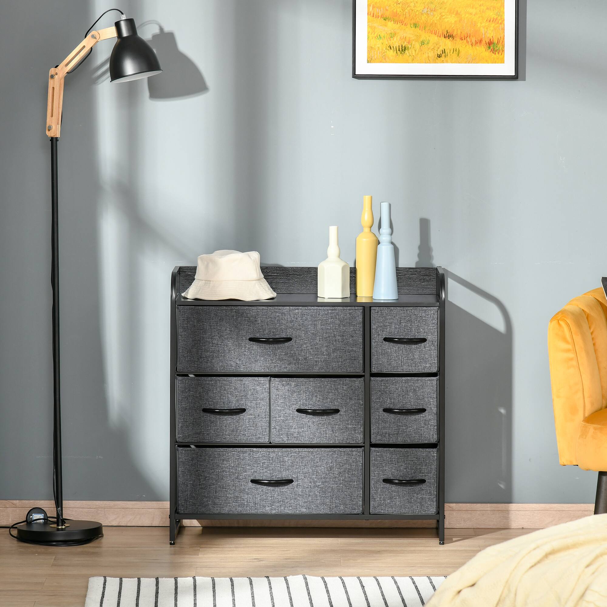 Angle. Homcom - 7-Drawer Dresser, Fabric Chest of Drawers, 3-Tier Storage Organizer for Bedroom Entryway, Tower Unit with Steel Frame - Dark Gray.
