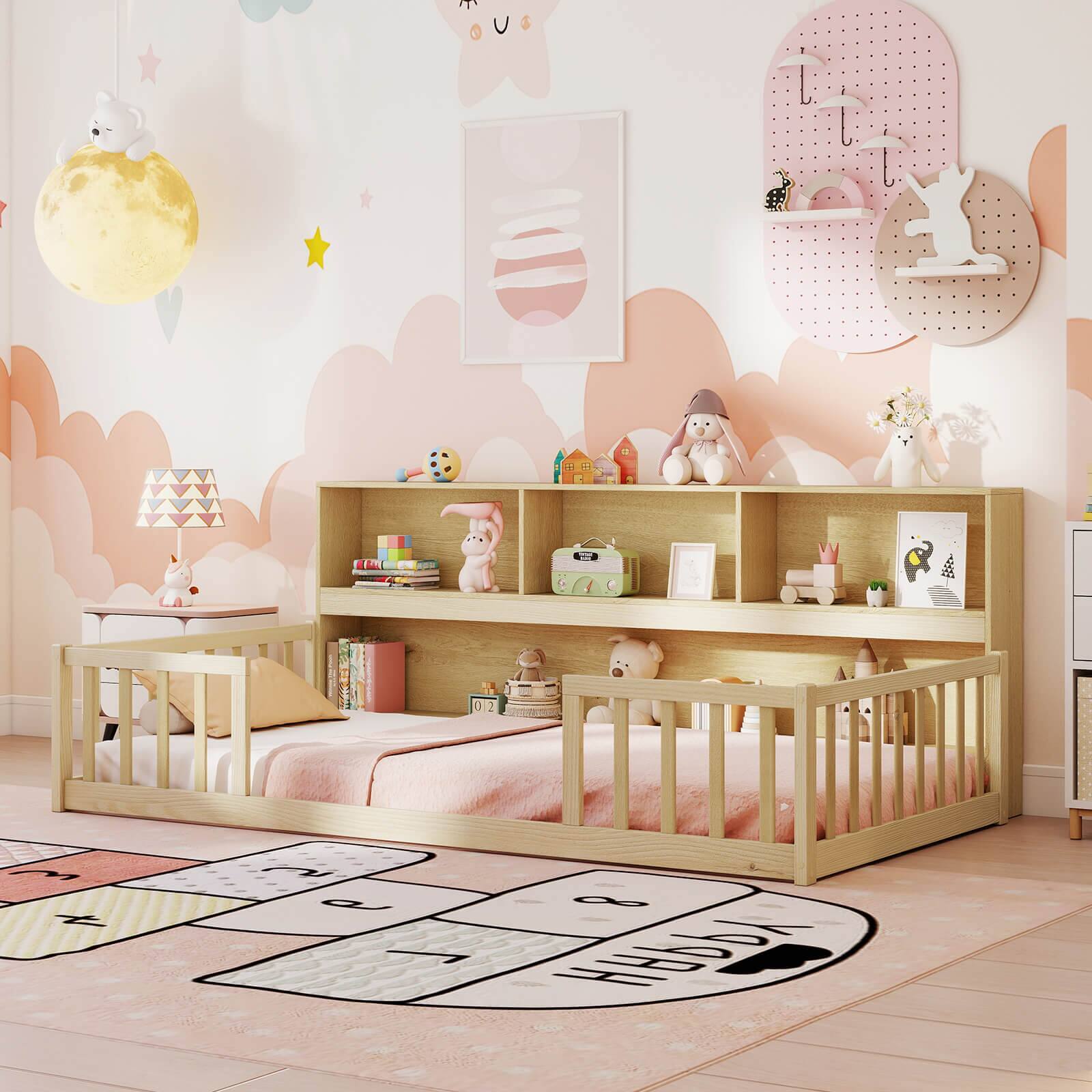 Alt View 4. Costway - Costway Twin Size Montessori Floor Bed with Bookcase Storage Shelves & Safety Fence Rails - Natural.