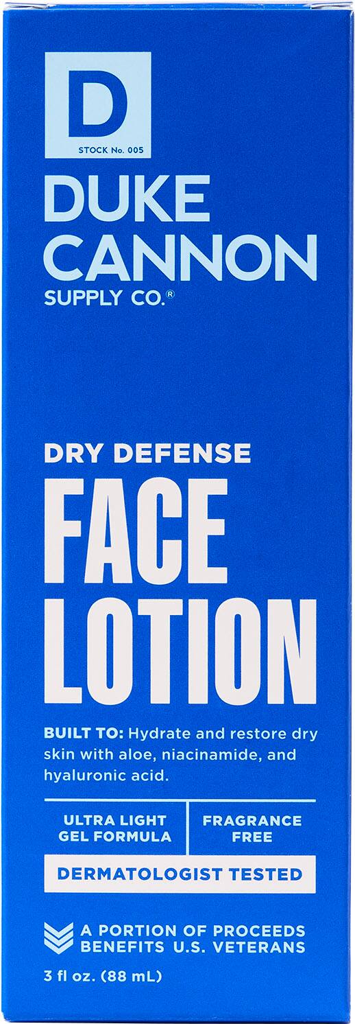 Dry Defense Face Lotion by Duke Cannon Supply Co. is a product designed to hydrate and restore dry skin. It contains aloe, niacinamide, and hyaluronic acid, and has an ultra light fragrance. The gel formula is free dermatologist tested and a portion of the proceeds benefits U.S. veterans. The product comes in a 3 fl oz. (88 mL) container.