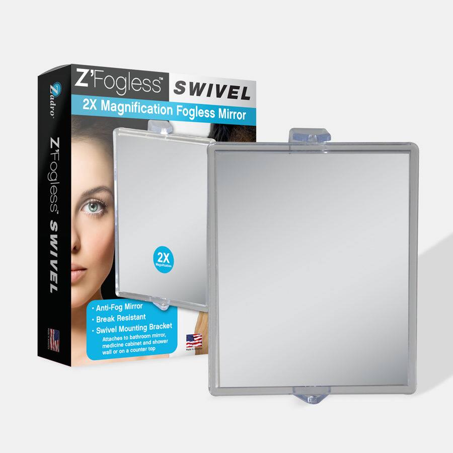 Z'Fogless SWIVEL  
2X Magnification Fogless Mirror  

- Anti-Fog Mirror  
- Break Resistant  
- Swivel Mounting Bracket  
- Attaches to bathroom mirror, medicine cabinet and shower wall or on a counter top  

2X Magnification