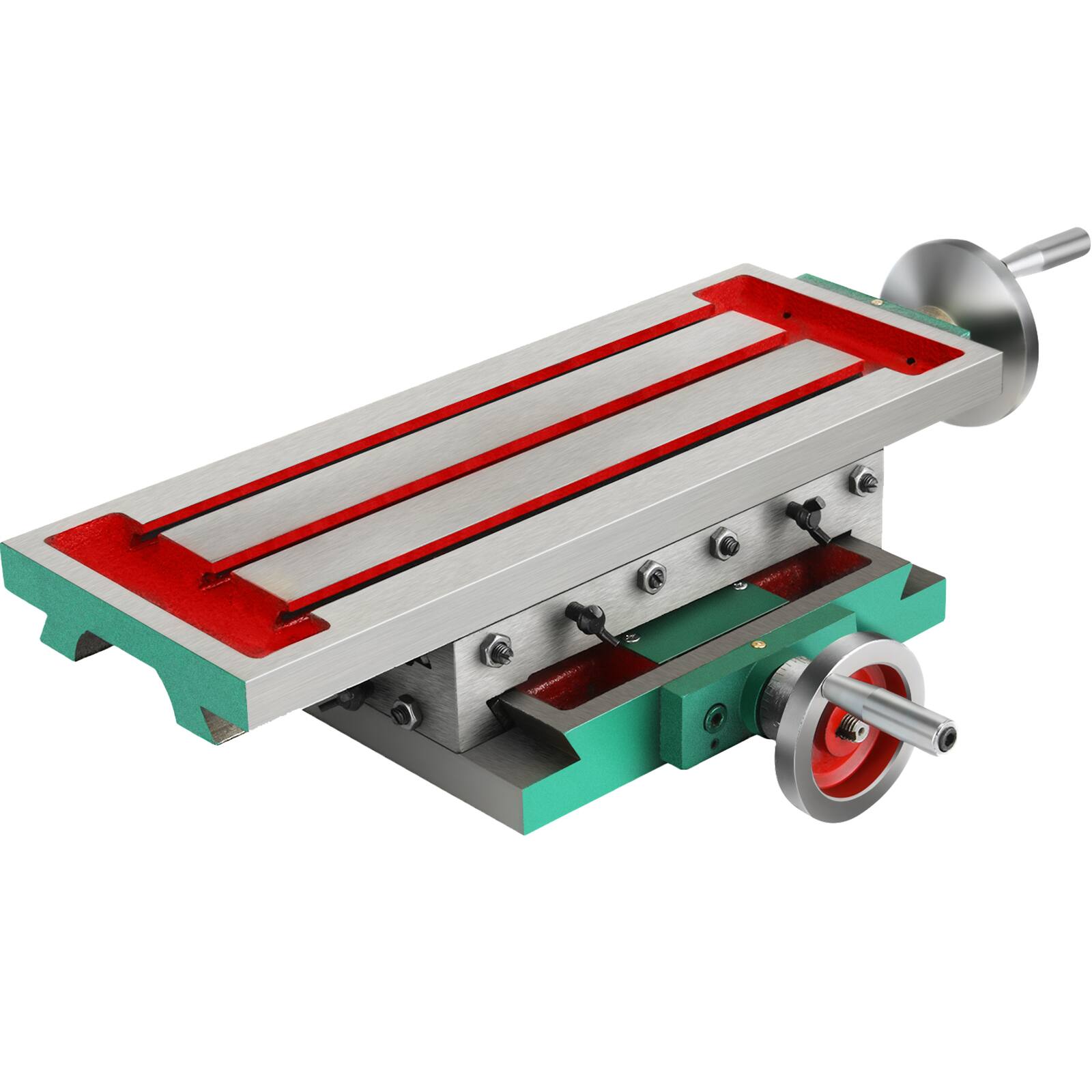 Front. VEVOR - Milling Working Table 17.7 X 6.7 Inch, Compound Milling Machine Work Table 2 Axis 4 Ways Move - Red, Green.