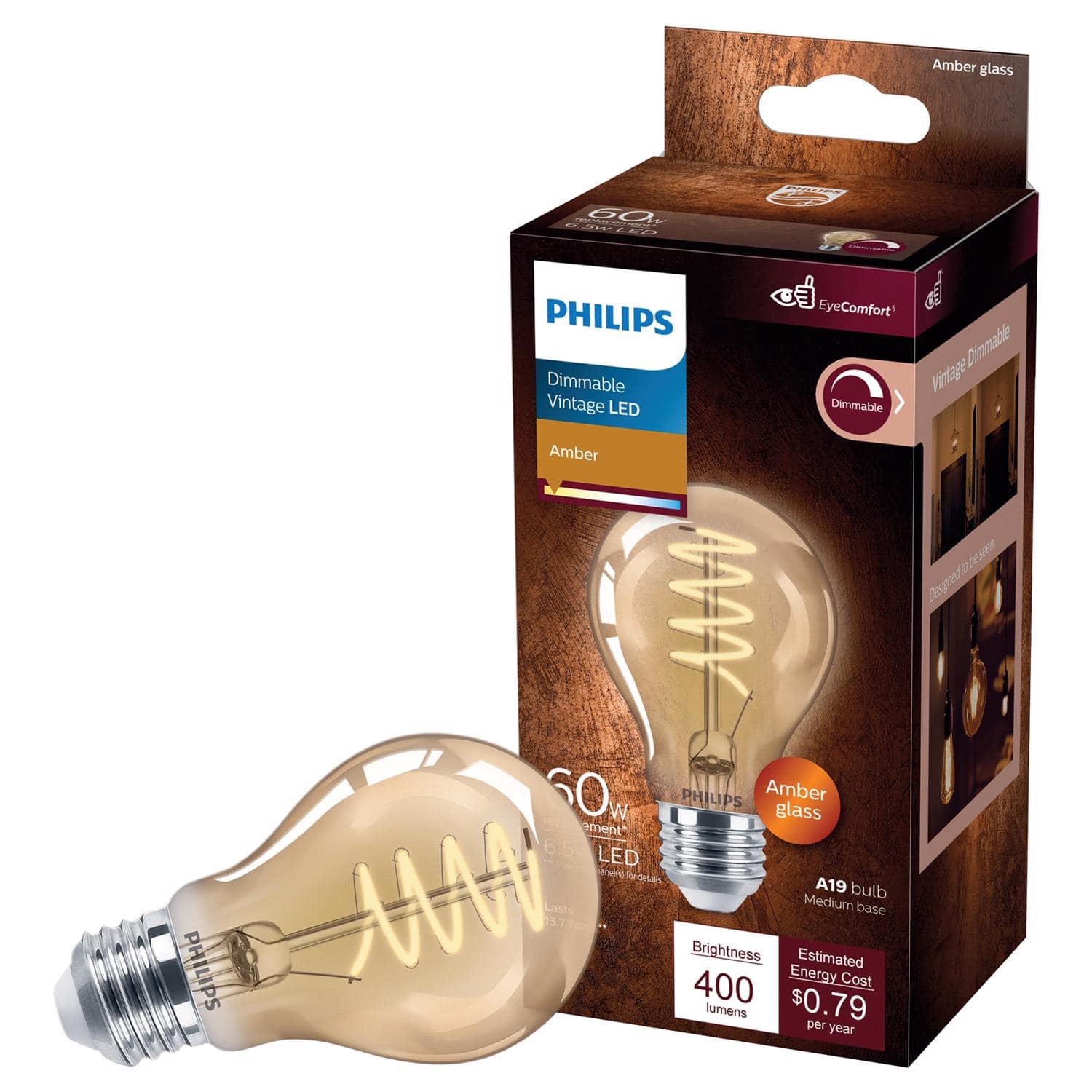 Philips - A19 E26 (Medium) LED Bulb Amber 60 Watt Equivalence 1 pk