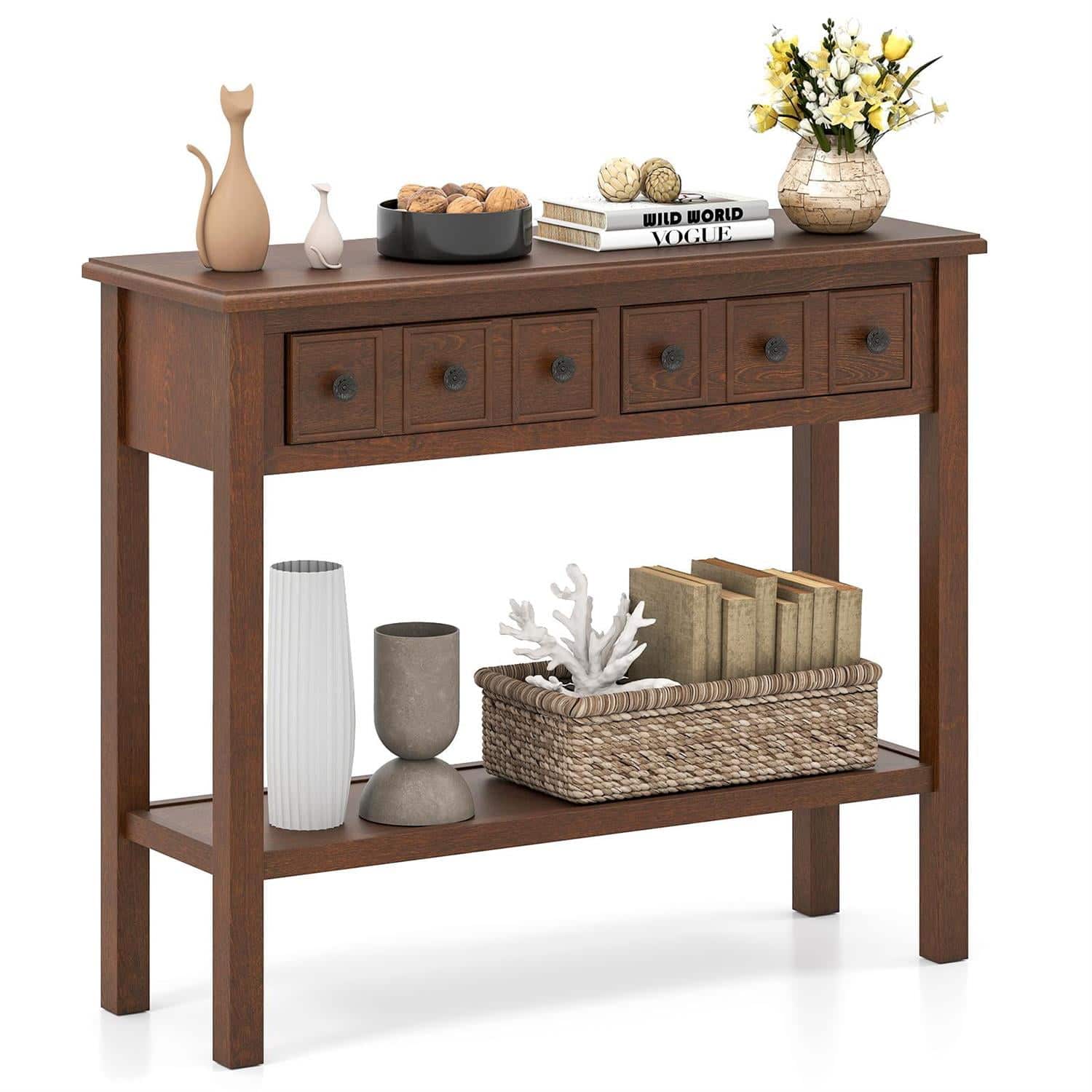 Pefilos - 36-Inch Retro Behind-Couch Table, 2-Tier Narrow Wooden Structure - White