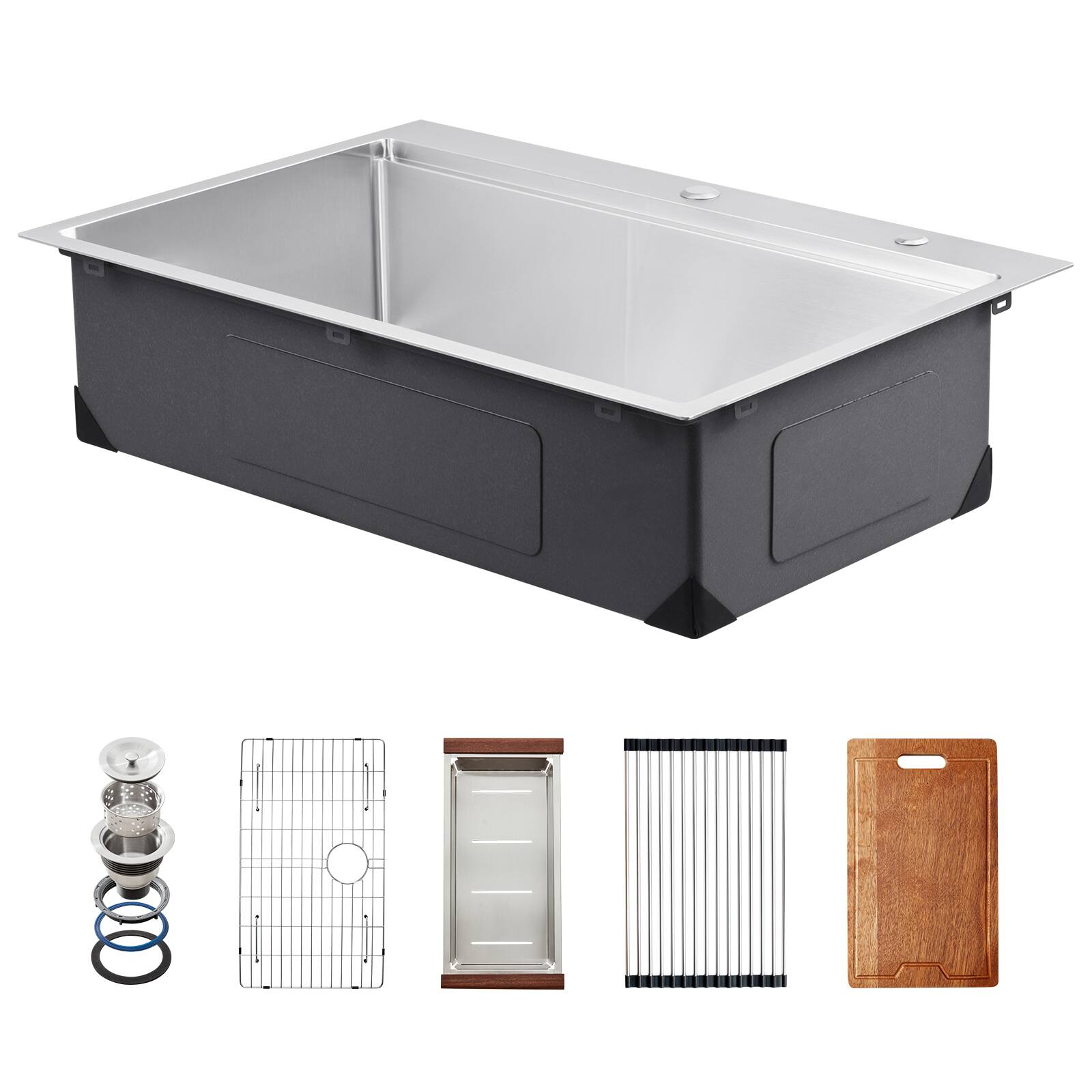 Alt View 5. VEVOR - 33 inch Kitchen Sink Workstation, 304 Stainless Steel Top Mount Sinks, Drop-In Single Bowl Farmhouse Basin - Silver.