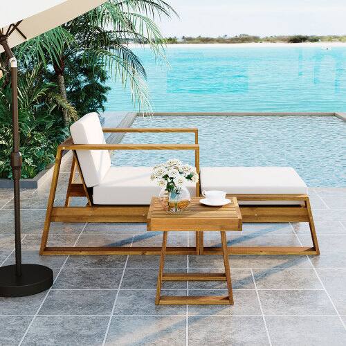 Left. Mondawe - Acacia Wood Outdoor Lounge Set - Chair and Ottoman with Removable Cushions - Natural+Beige.