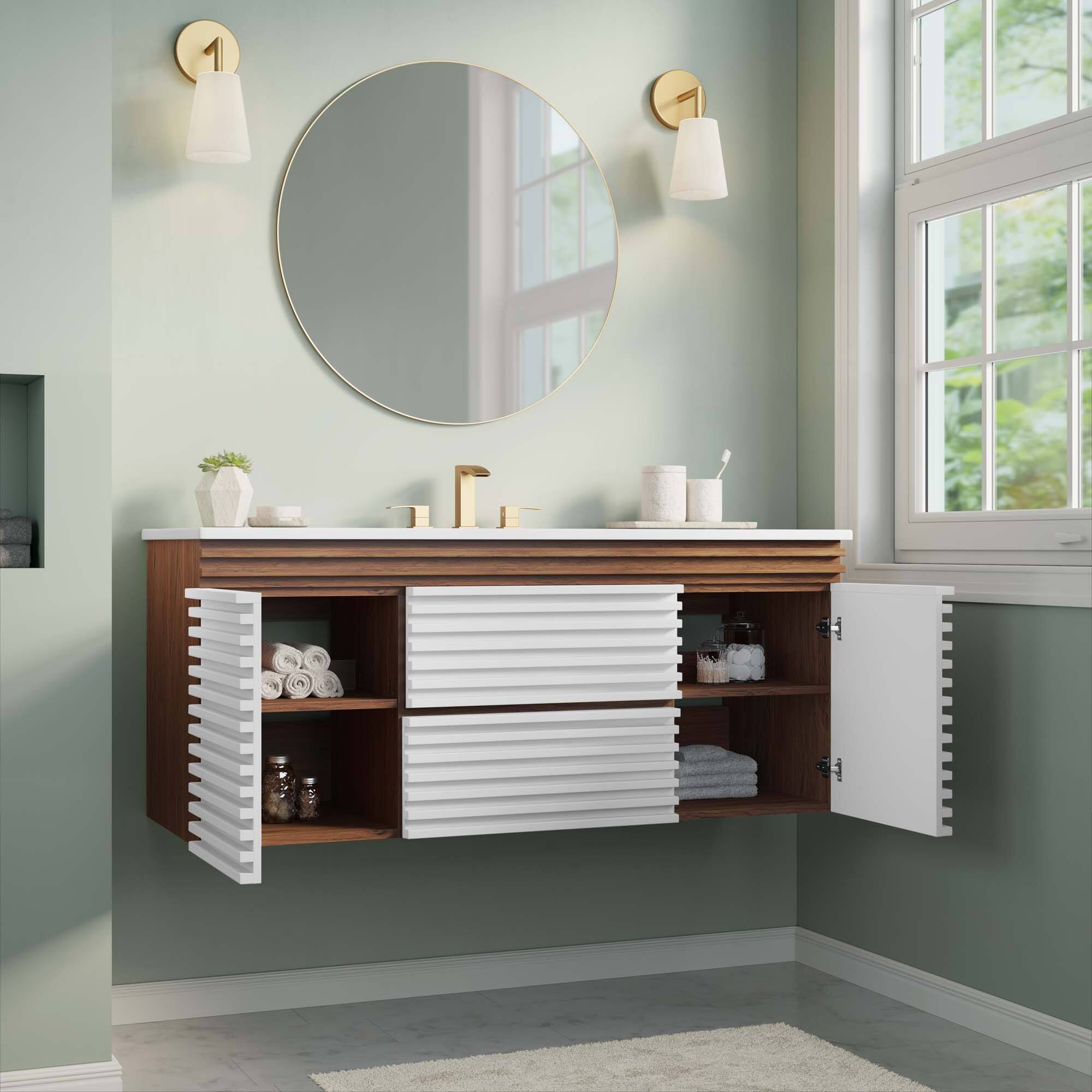 Back. Modway - Render 48" Wall-Mount Bathroom Vanity Basin Included by Modway - White Walnut White.