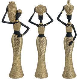 Refined Abode Design - Women Water Pot Trio Statue - Golden Textured Sculptures Set Of 3 Traditional Daily Life Figurines For Home