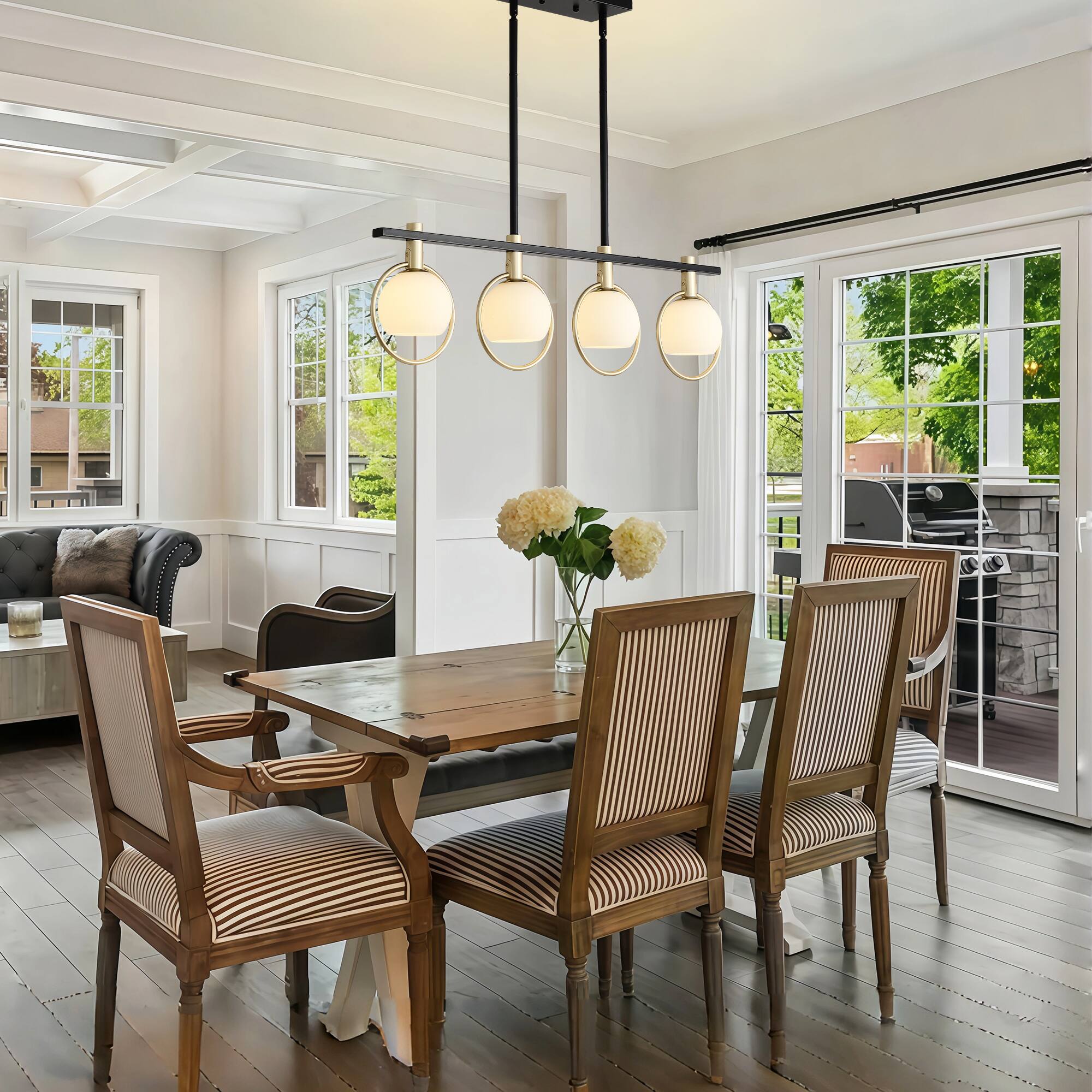 Back. RYHNUYNE - 4-Light Dining Room Light Fixture,Gold Kitchen Island Lighting with Milk Glass Shade, Linear Chandeliers for Kitchen Din - Black.