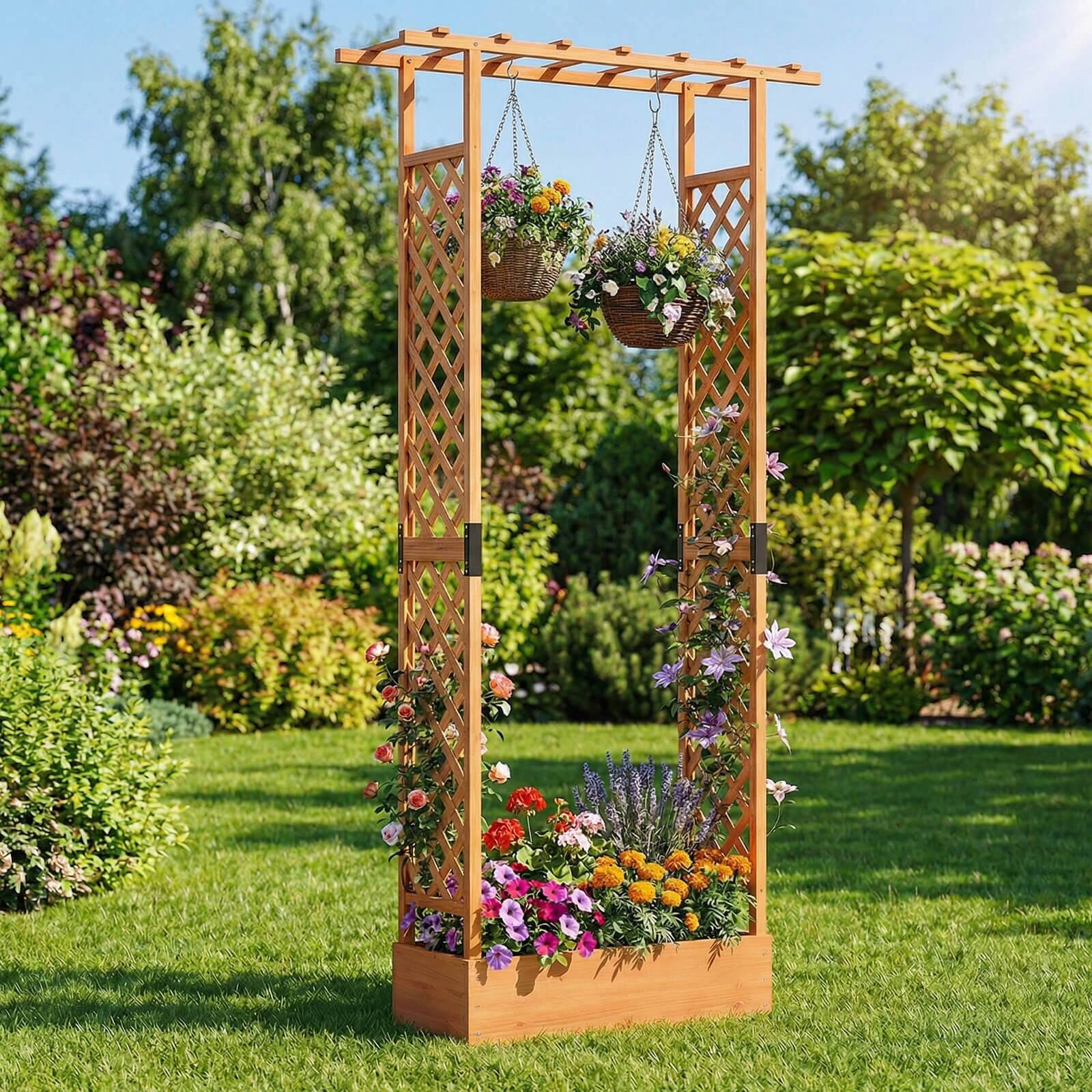 Alt View 1. Costway - Costway 1 PCS 89" Wooden Raised Garden Bed with Trellis & Hanging Roof, Drainage Holes for Patio - Orange.