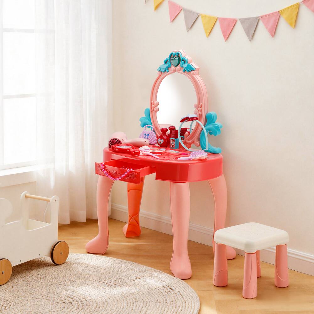 Alt View 5. Topteng - Kids Vanity Set with Lights & Music, 31PCS Accessories - Includes Mirror, Stool, Hair Dryer, Safe for Girls.