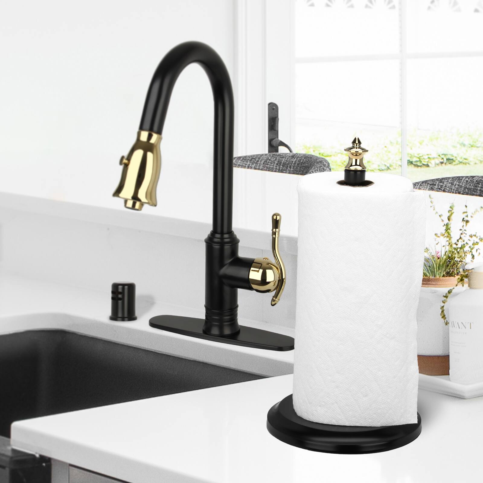 Alt View 5. Akicon - Akicon Paper Towel Holder Stand for Dining Room Table and Kitchen Countertop in Matte Black & Gold - Matte Black & Gold.