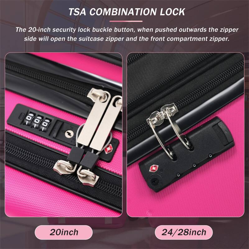 TSA COMBINATION LOCK

The 20-inch security lock buckle button, when pushed outwards the zipper side will open the suitcase zipper and the front compartment zipper.

20inch

24/28inch
