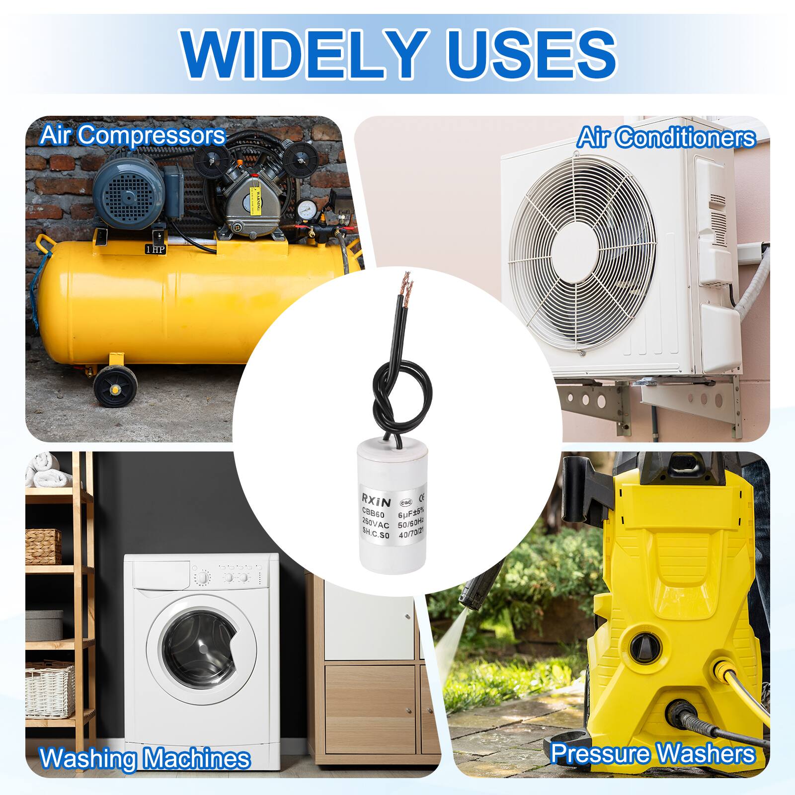 WIDELY USES

- Air Compressors
- Air Conditioners
- Washing Machines
- Pressure Washers
