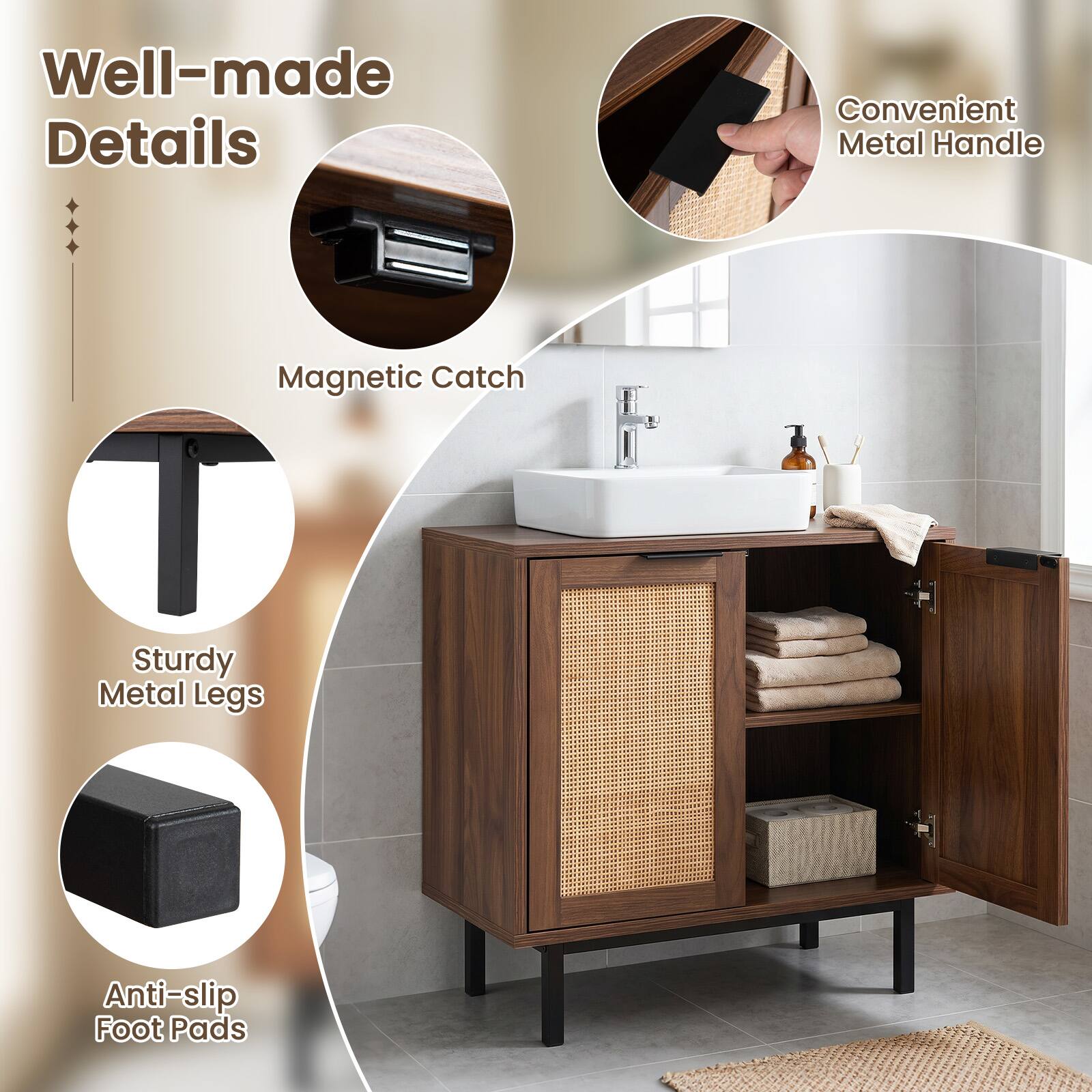 Well-made Details  
Convenient Metal Handle  
Magnetic Catch  
Sturdy Metal Legs  
Anti-slip Foot Pads