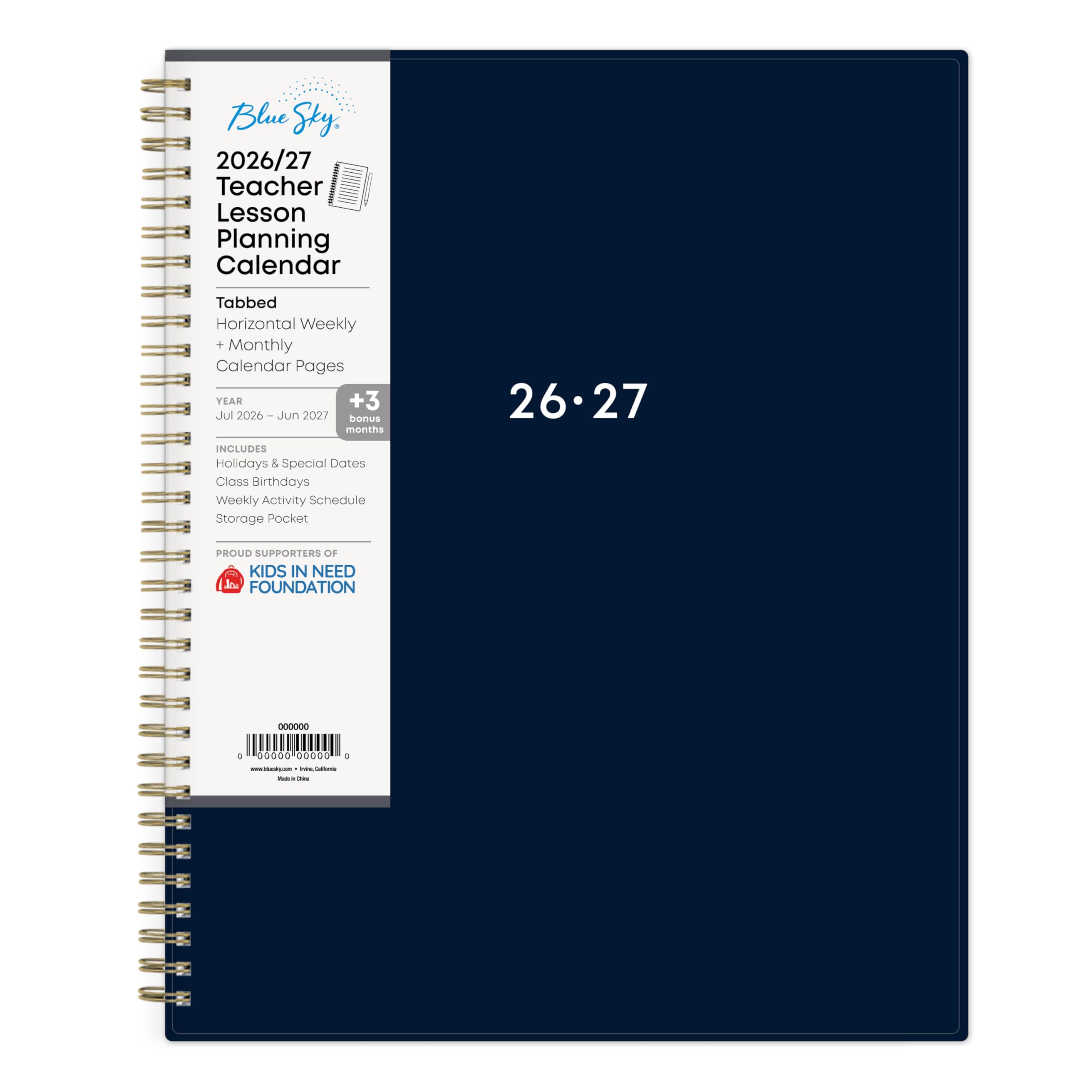 Blue Sky 2026/27 Teacher Lesson Planning Calendar  
Tabbed Horizontal Weekly + Monthly Calendar Pages  
YEAR +3 Jul 2026 Jun 2027 bonus months  
INCLUDES Holidays & Special Dates Class Birthdays Weekly Activity Schedule Storage Pocket  
PROUD SUPPORTERS OF KIDS IN NEED FOUNDATION  
www.bluesky.com