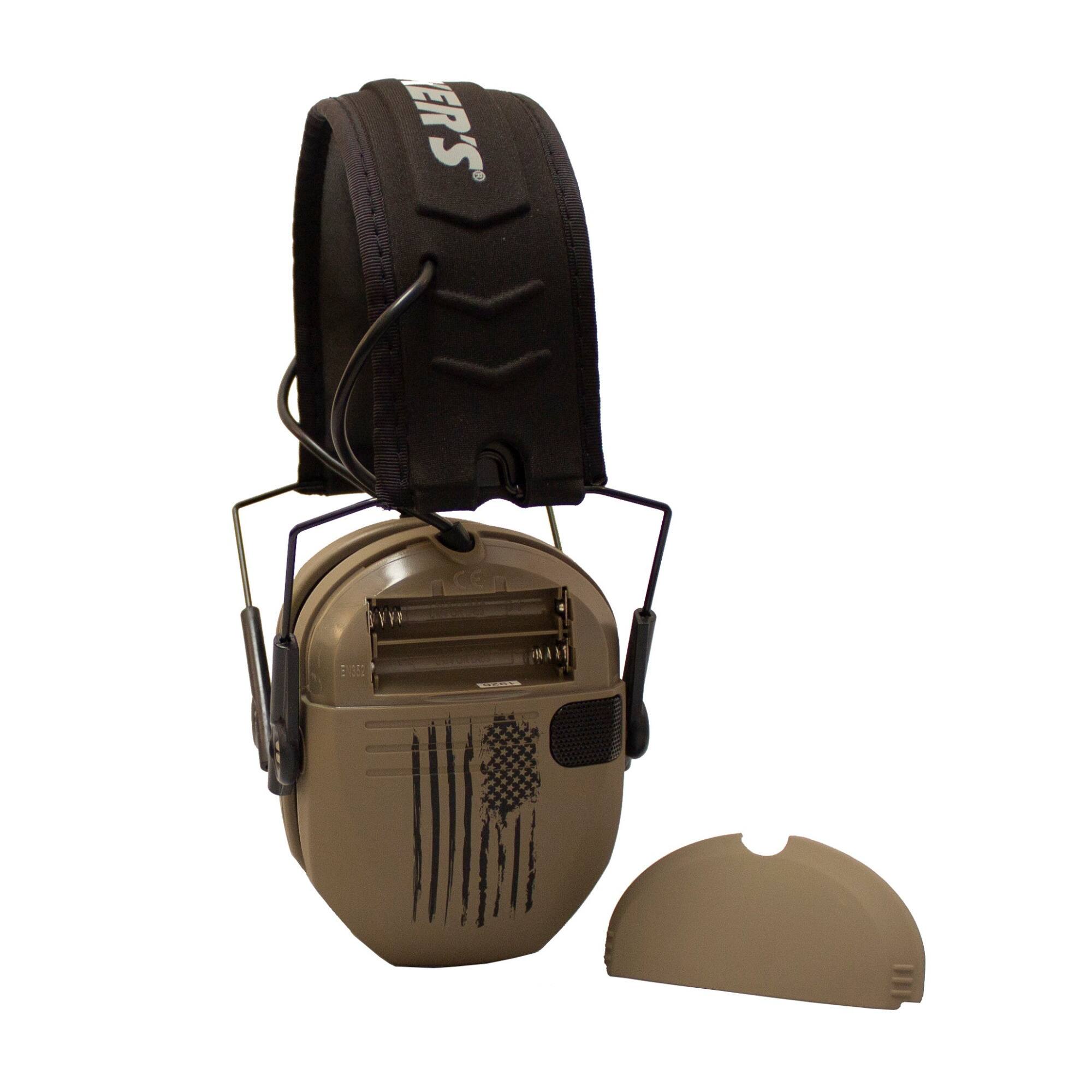Left. Walkers - Walker’s Razor Shooting Hearing Muffs (Distressed Flag) with Protective Case - Tan.