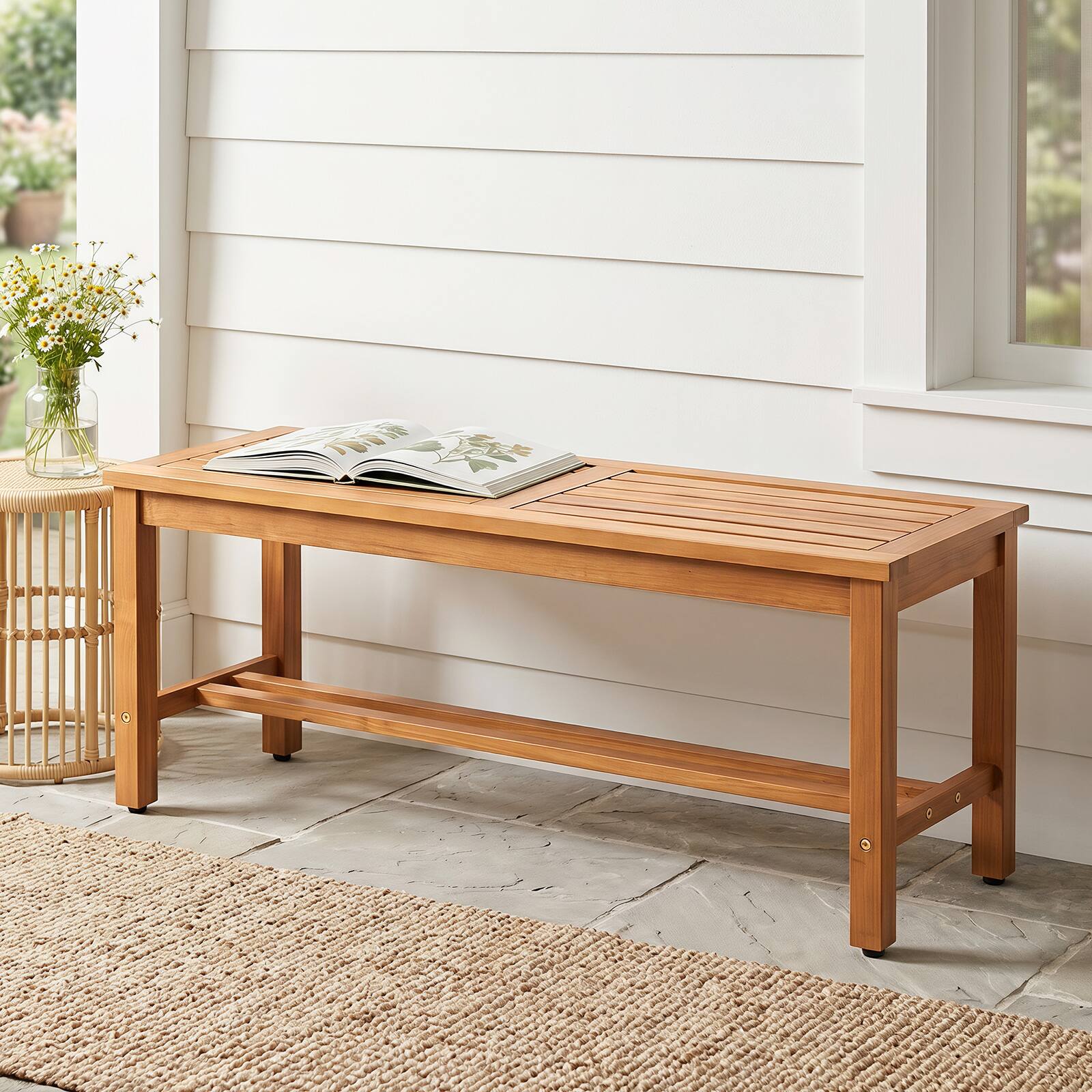 Alt View 3. Costway - Costway Acacia Wood Patio Bench for 2, Backless Outdoor Garden Bench with Slatted Seat - Natural.