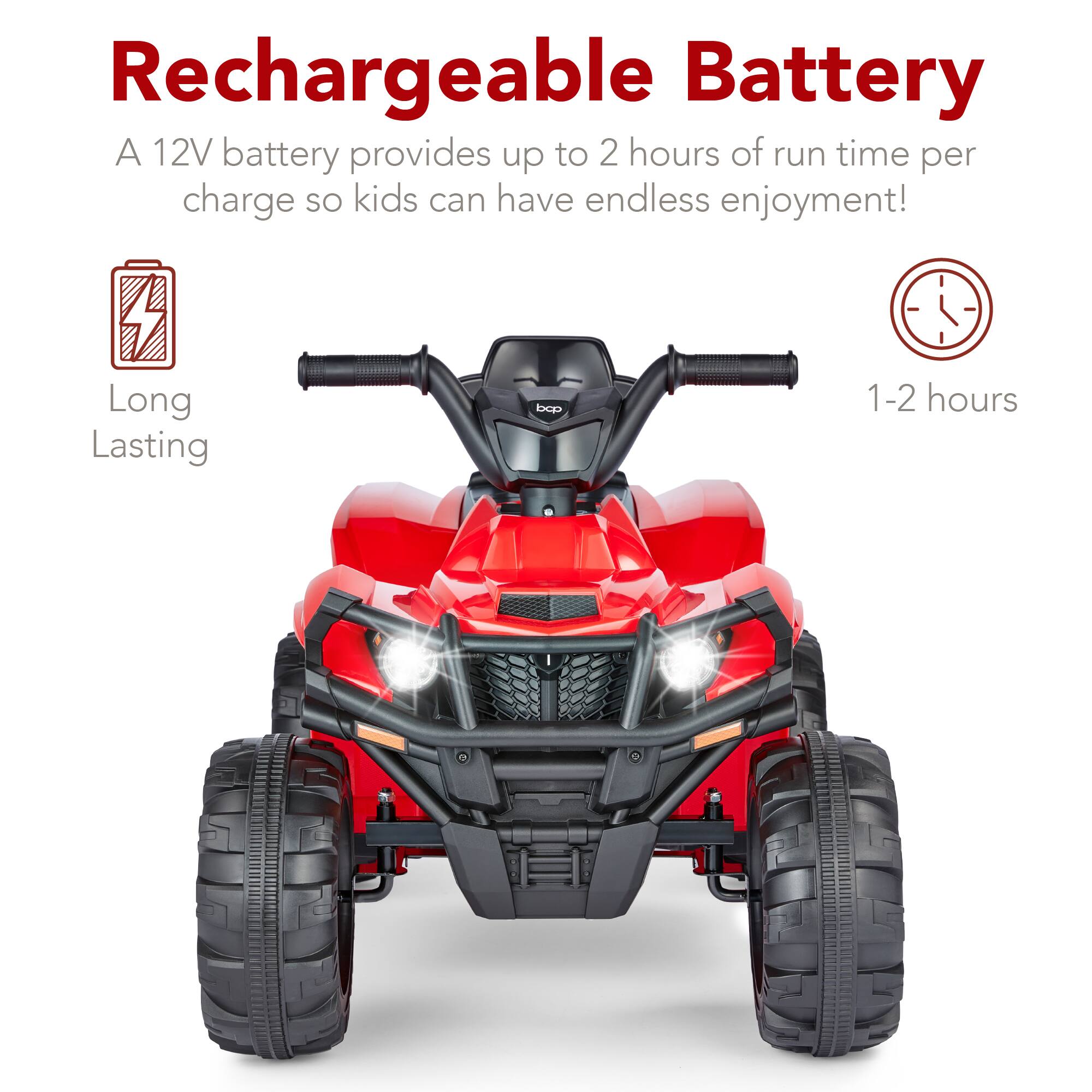 Rechargeable Battery: A 12V battery provides up to 2 hours of run time per charge, so kids can have endless enjoyment! Long-lasting, 1-2 hours.