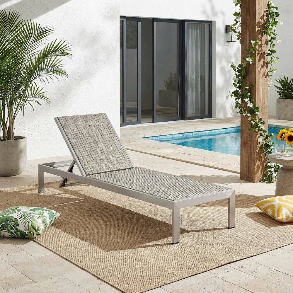 Angle. Outdoor Escape - Aluminum Rattan Outdoor Lounge Chair With Adjustable Backrest - Silver.