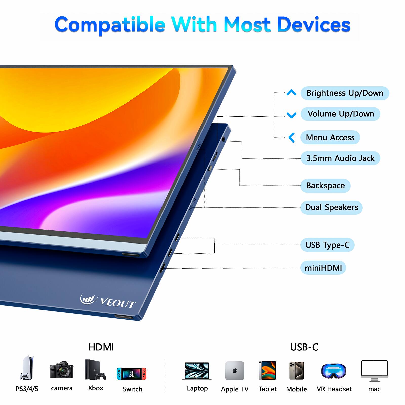Compatible With Most Devices

- Brightness Up/Down
- Volume Up/Down
- Menu Access
- 3.5mm Audio Jack
- Backspace
- Dual Speakers
- USB Type-C
- miniHDMI

HDMI
- PS3/4/5
- Camera
- Xbox
- Switch

USB-C
- Laptop
- Apple TV
- Tablet
- Mobile
- VR Headset
- Mac