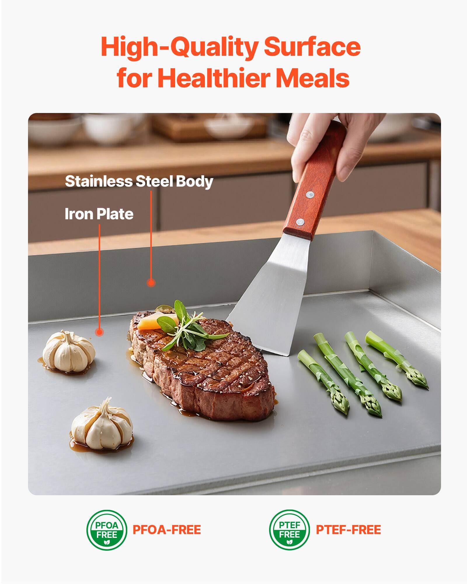 High-Quality Surface for Healthier Meals

Stainless Steel Body
Iron Plate

PFOA-FREE
PTEF-FREE