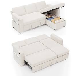 Vipbear - 81" L Shaped Pull Out Couches for Living Room with Storage Chaise, USB Port&Cupholder - Beige